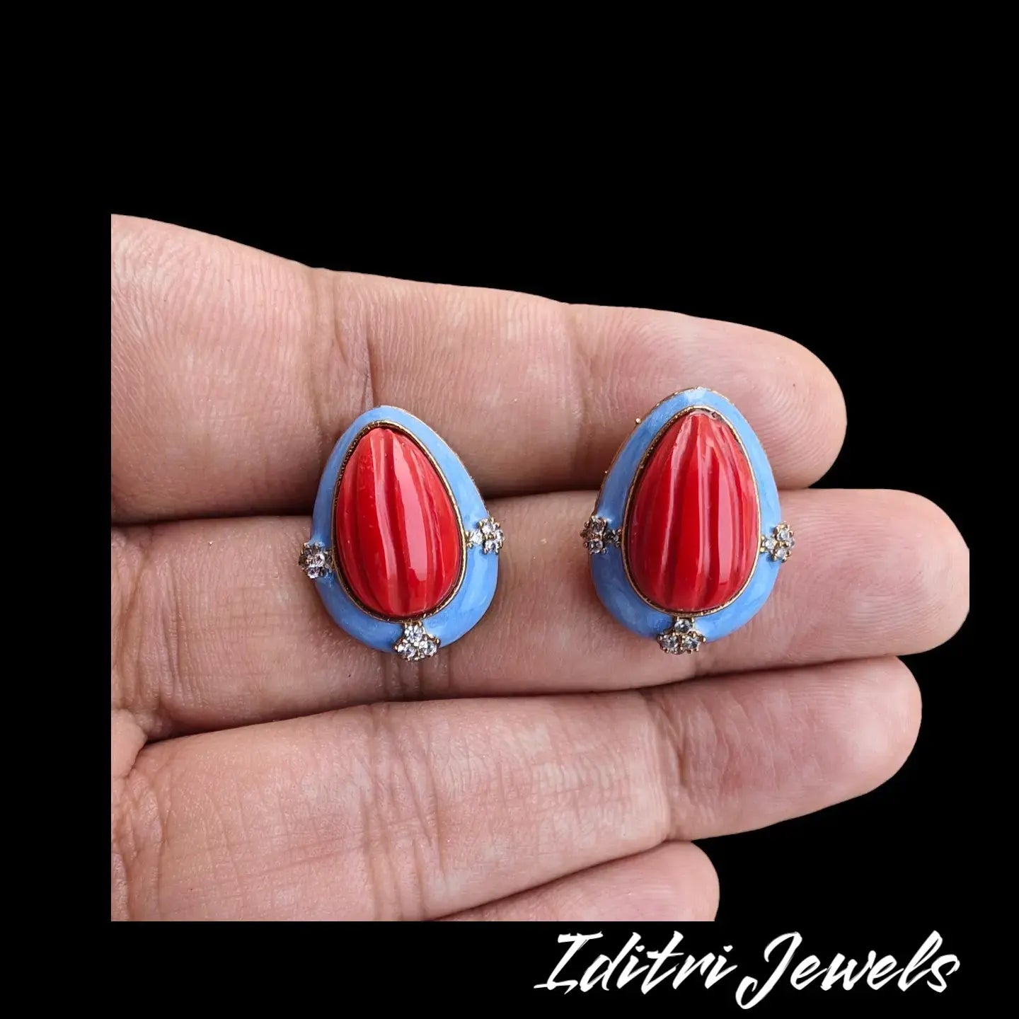 Italian Meena And Carving Stone Stud- Red Coral