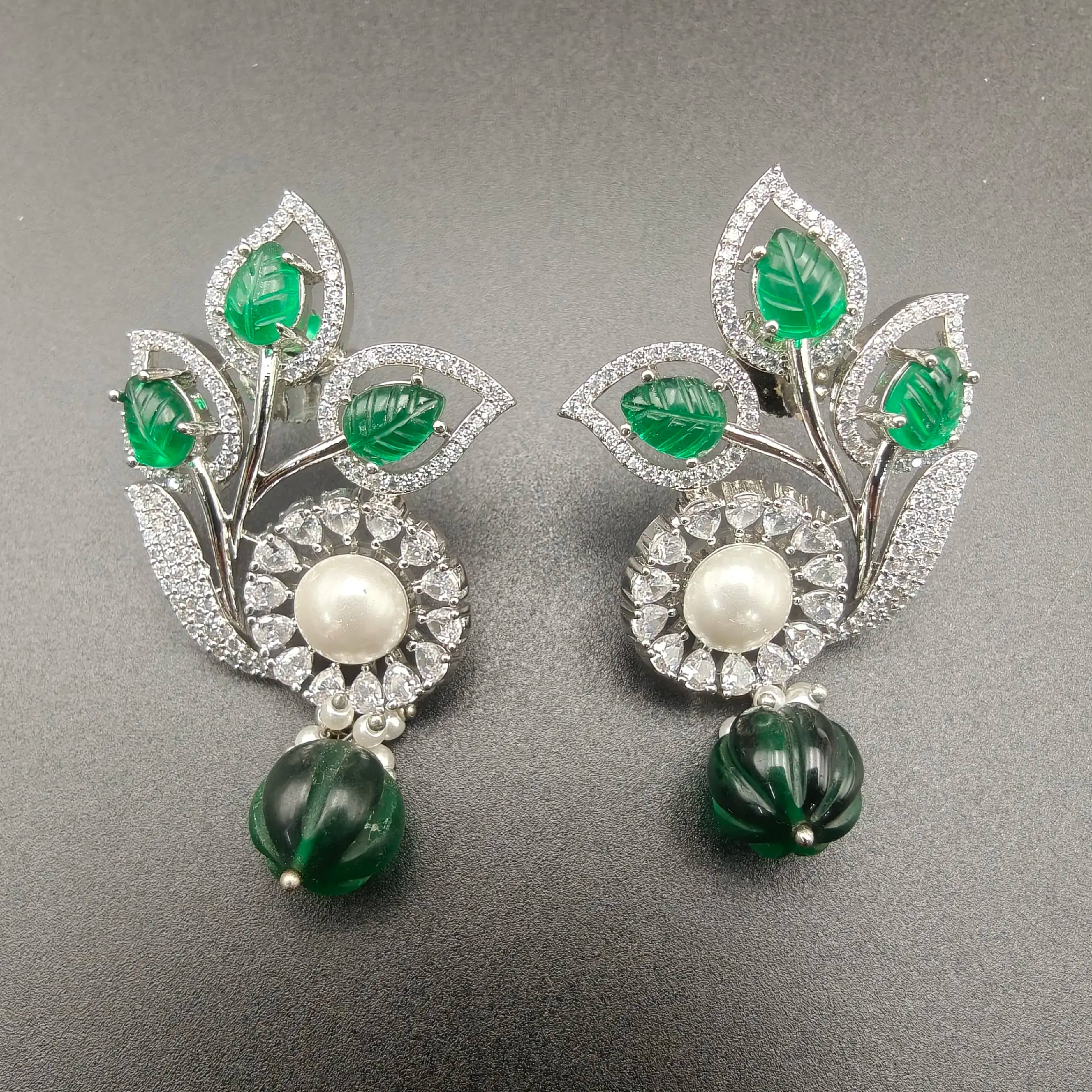 Mirana Onyx carving Stone And Pearl AD Earring- Green