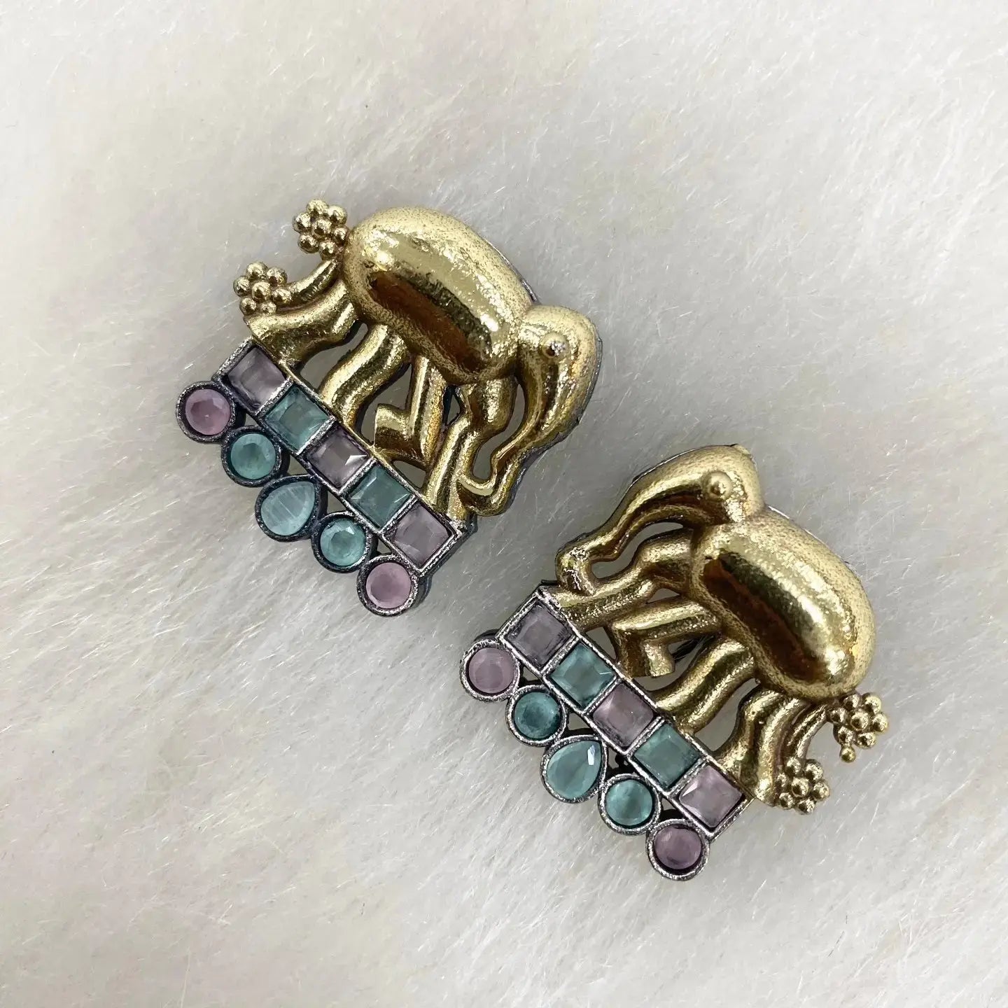 Dual Tone German Silver Elephant Earringa- Mint And Pink