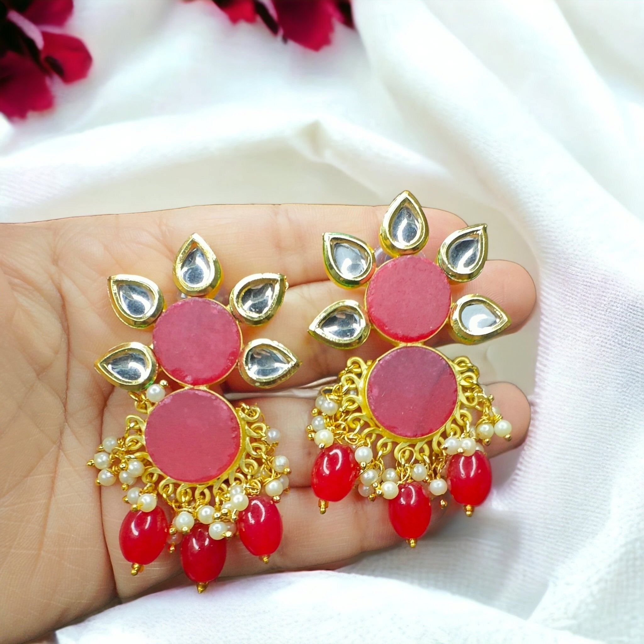 Druzy Kundan Earrings- Red