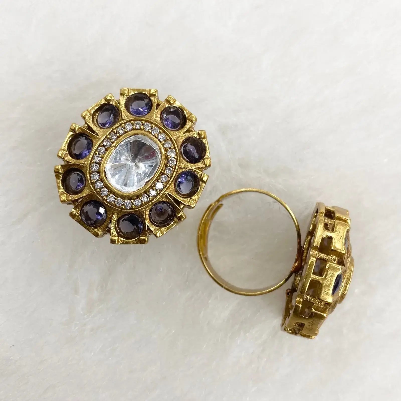 Tanika Polki Kundan Finger Ring - Purple