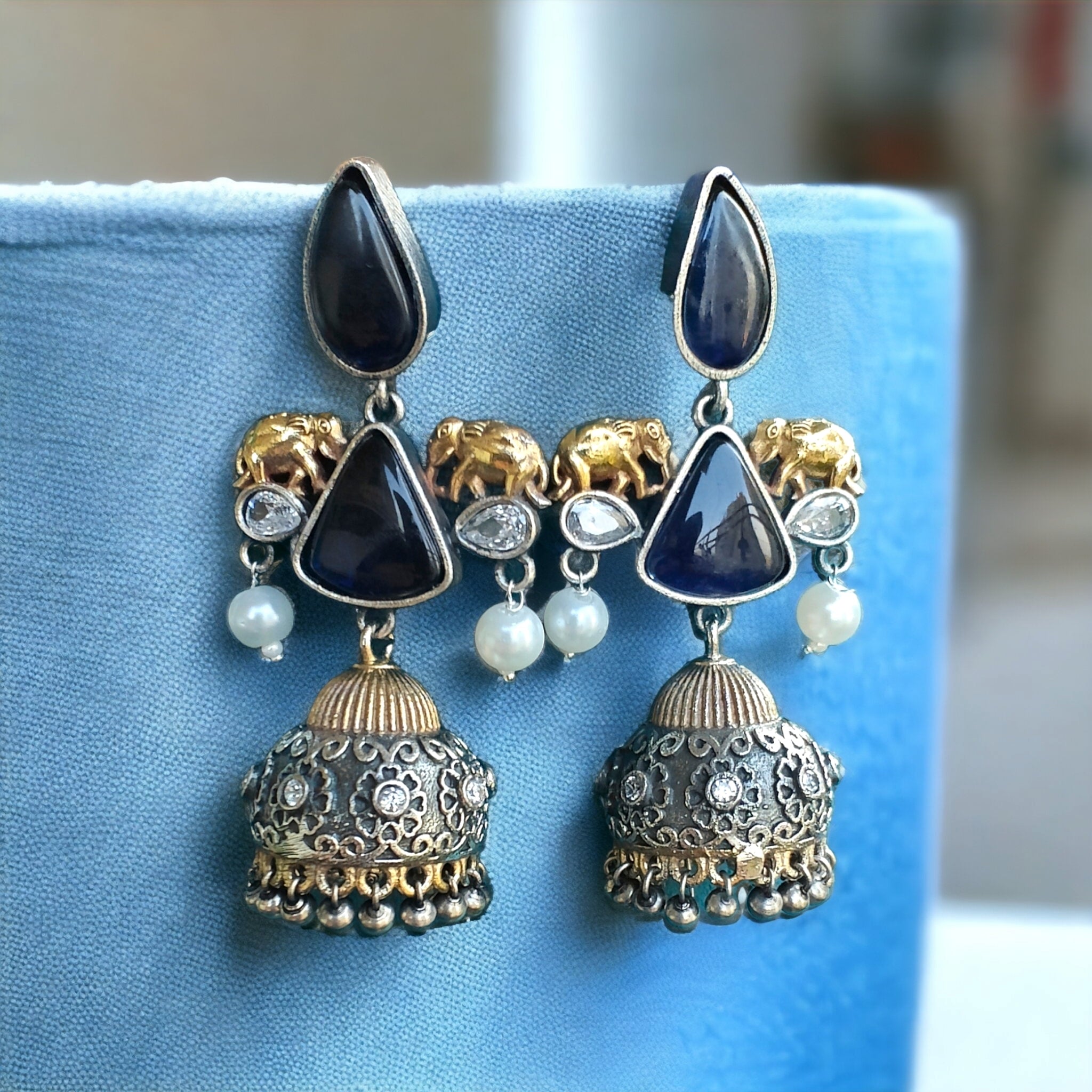 Jiya Elephant Brass Jhumki- Dark Blue
