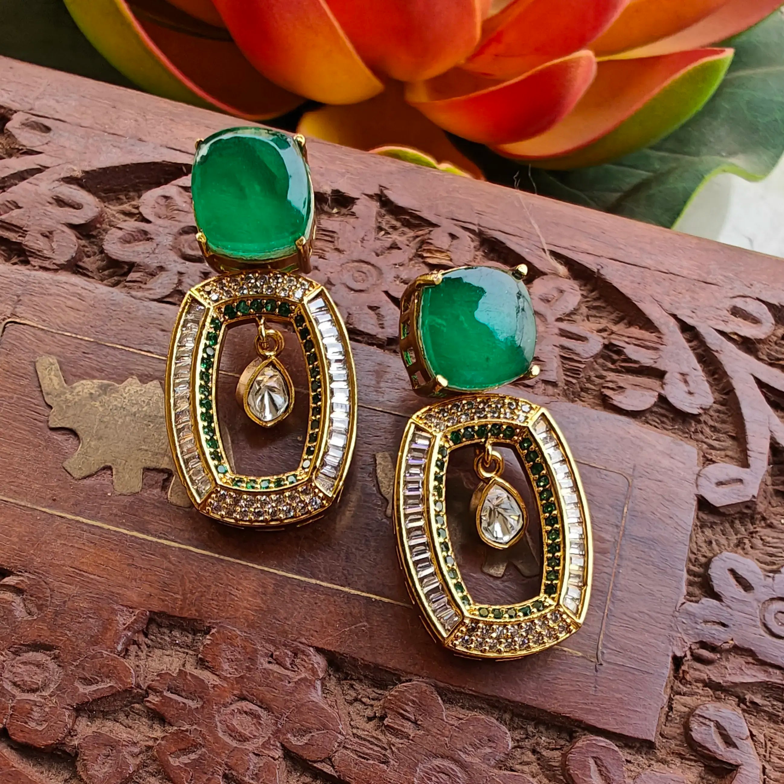 Rahat Doublet Baguette AD Statement Earrings - Emerald Green