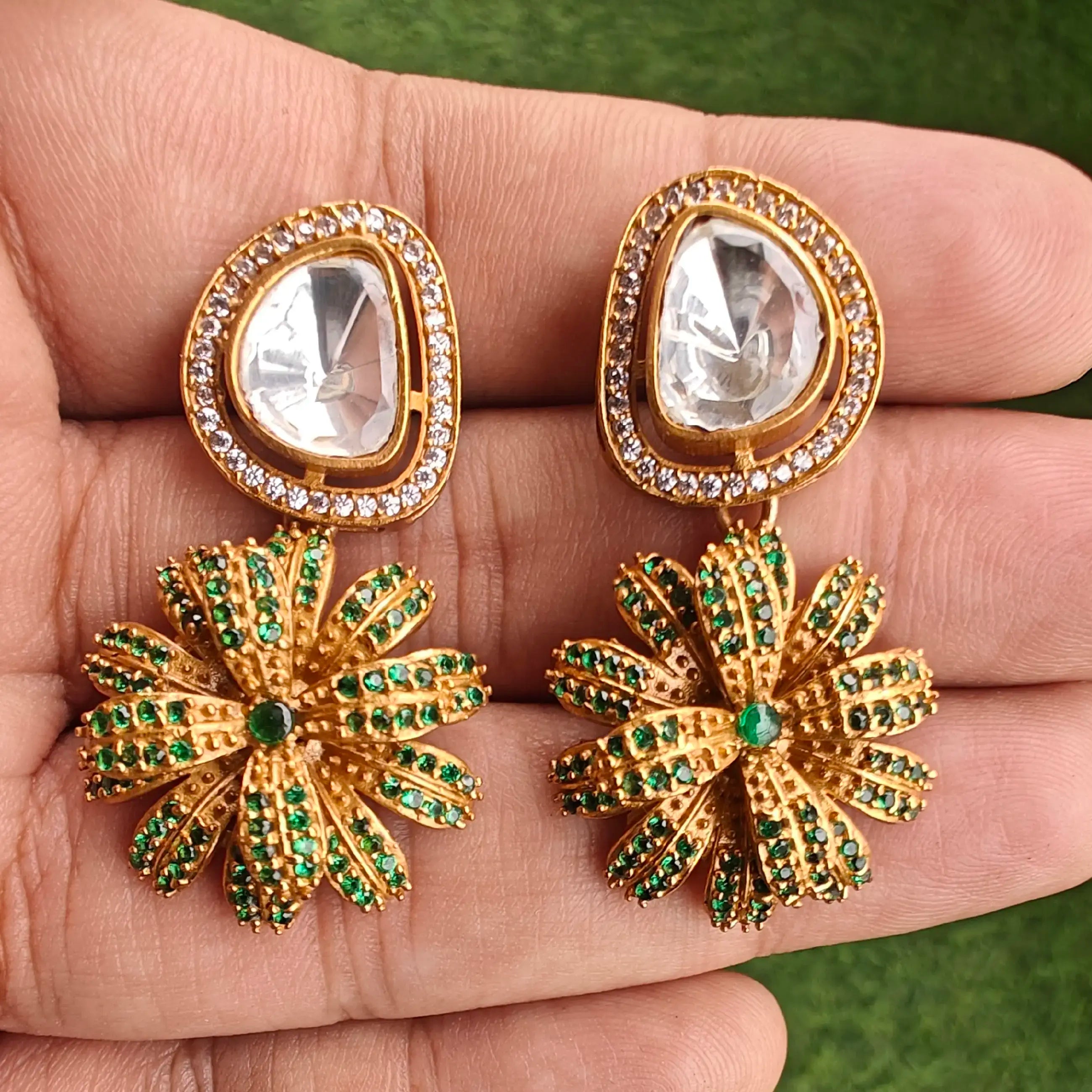 Purvi Moissanite And Jadau AD Earrings- Green
