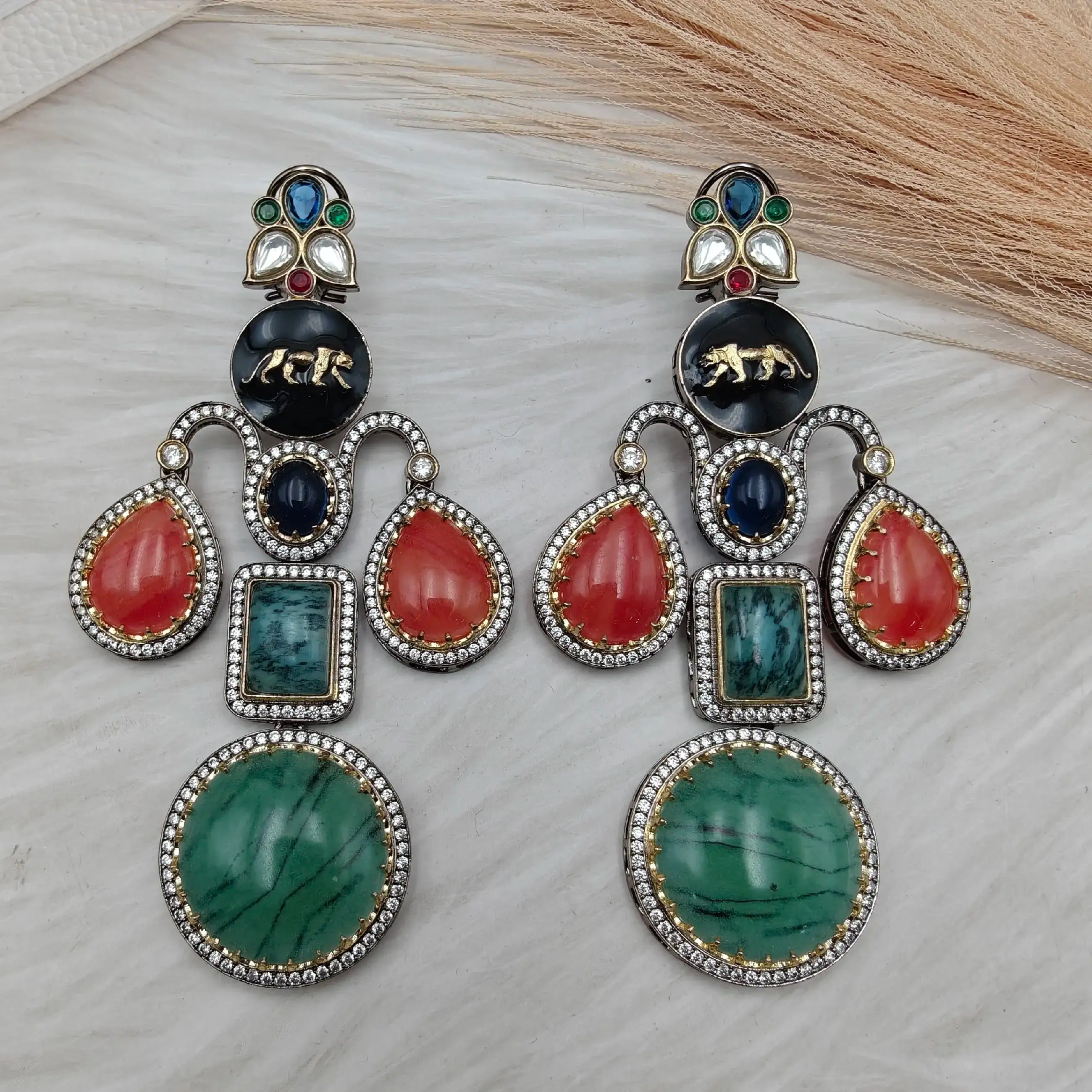 Sabyasachi Inspired Jaguar Masaba Chandelier Earrings- Green Jasper Multi