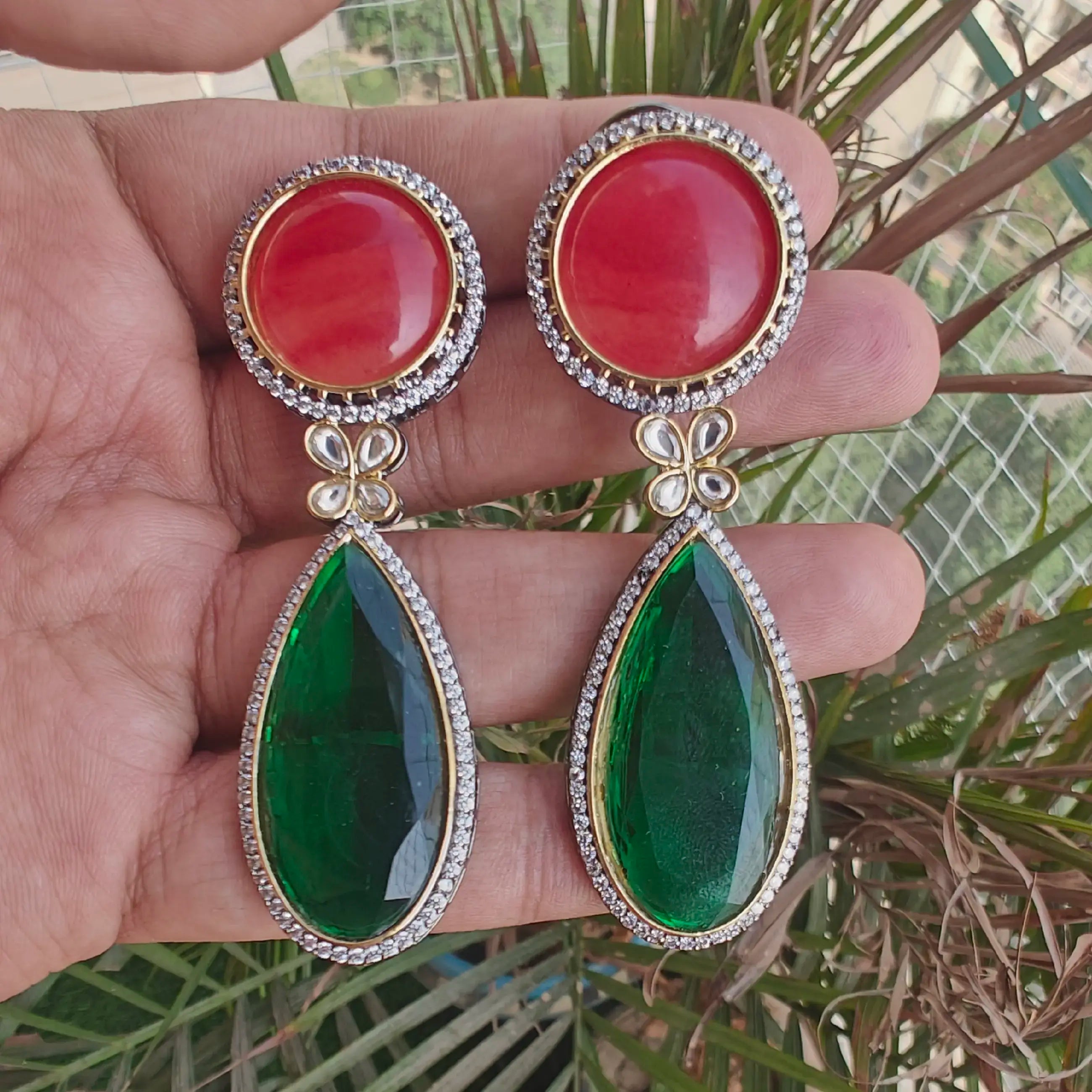 Rihana Premium Statement Earrings- Green N Red