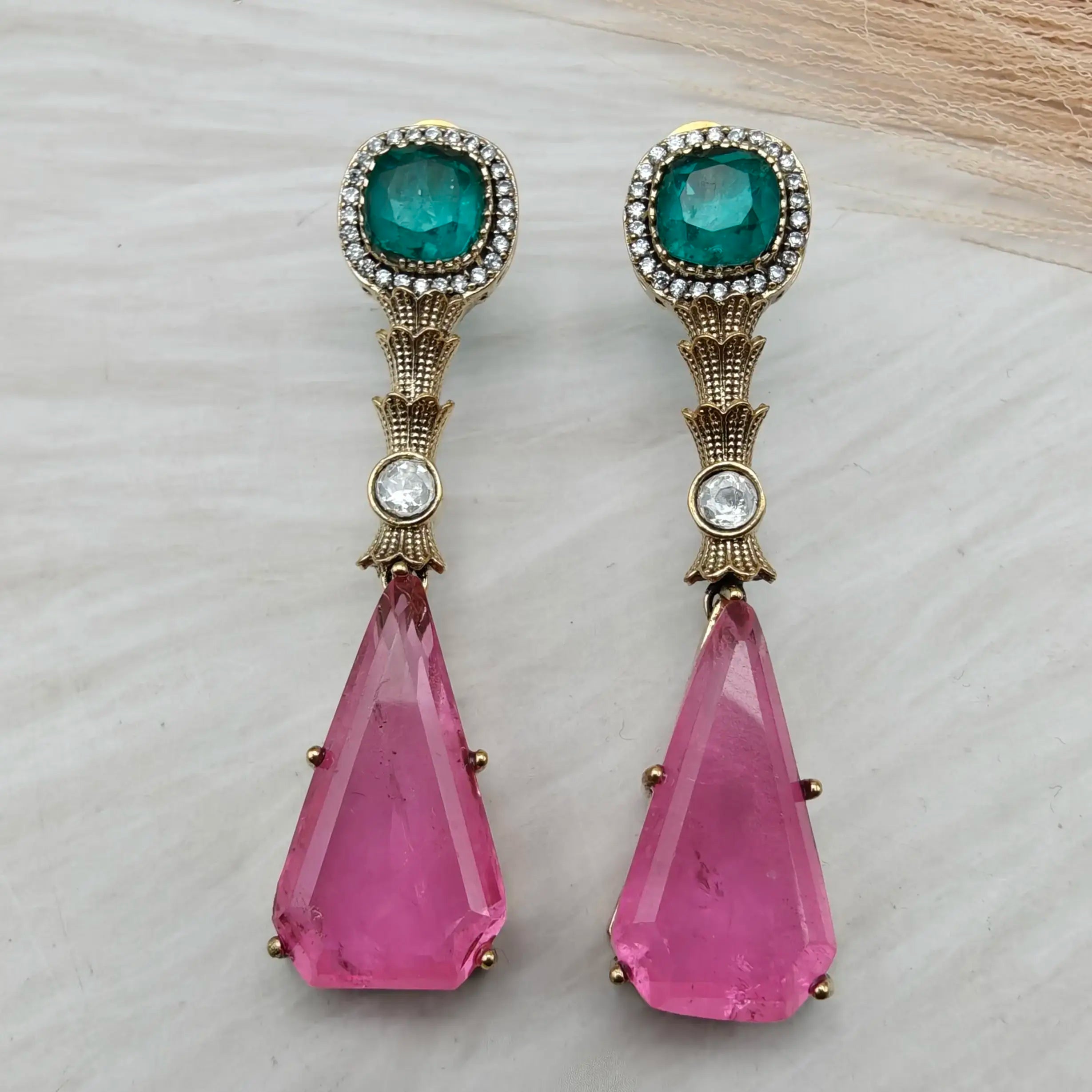 Sabyasachi Inspired Dua Doublet Drop Earrings - Pink n Green