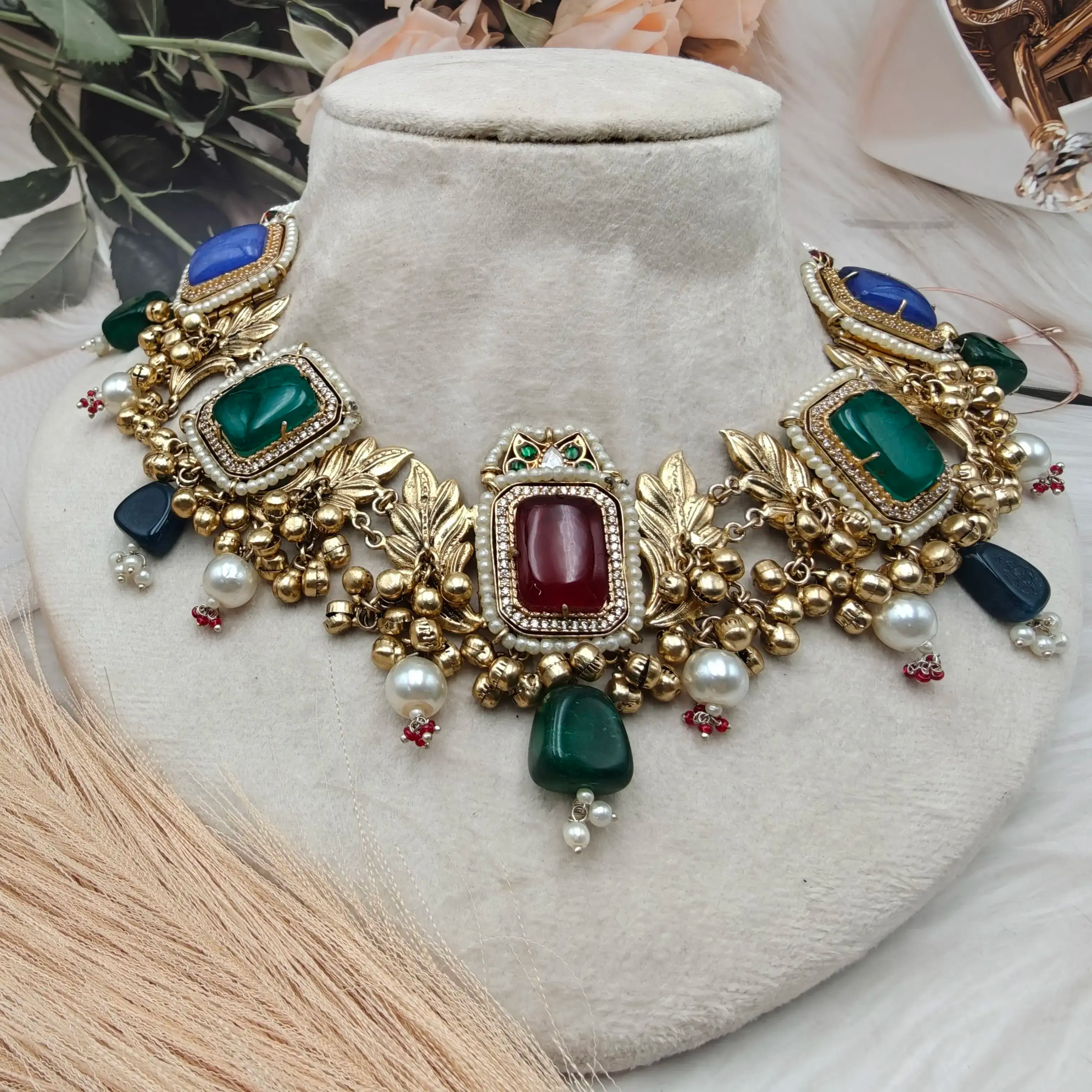 Aaranya Doublet Amrapali Brass Fusion Necklace - Multi Green