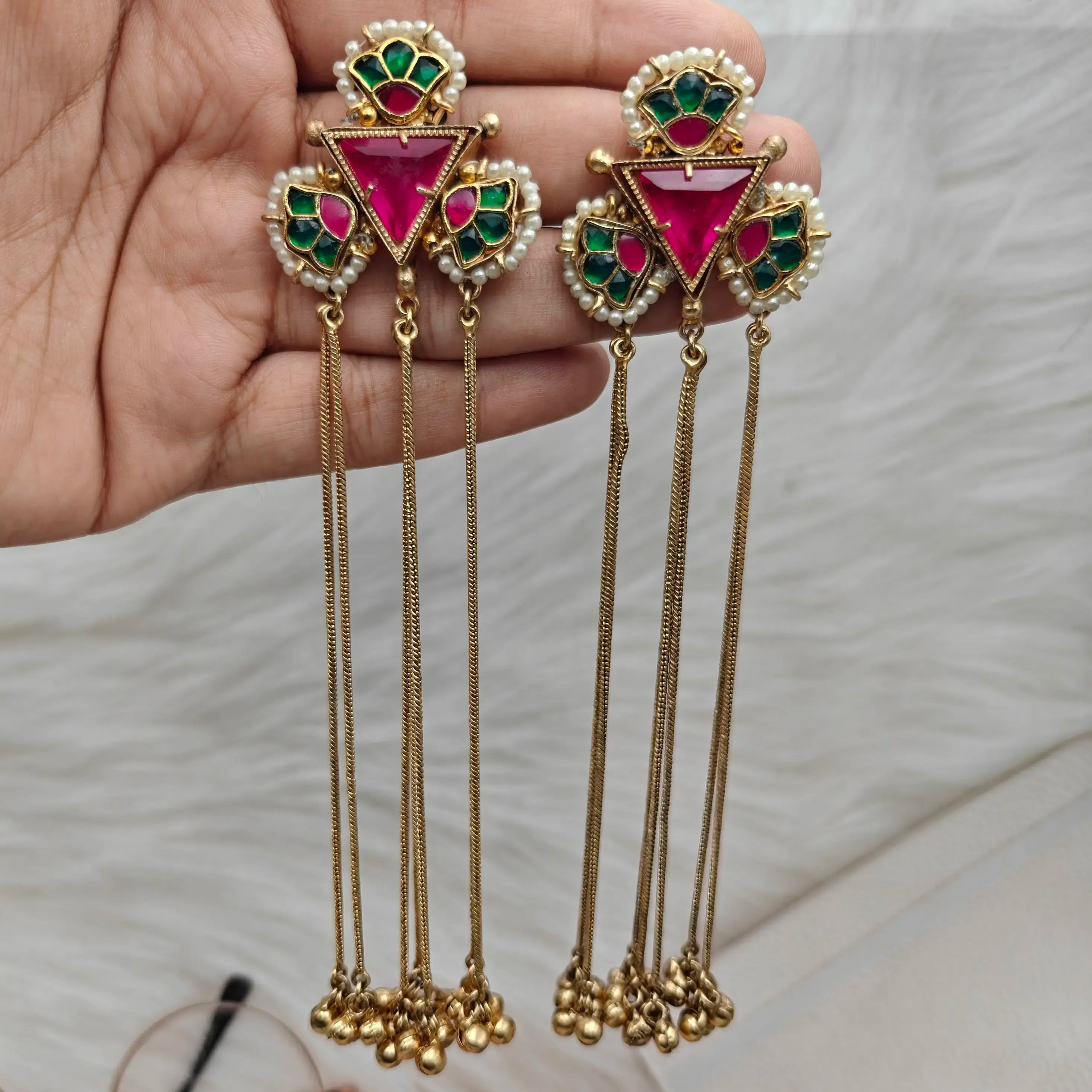 Farida Doublet and pachi Kundan Kashmiri Earrings - Hot Pink n Green