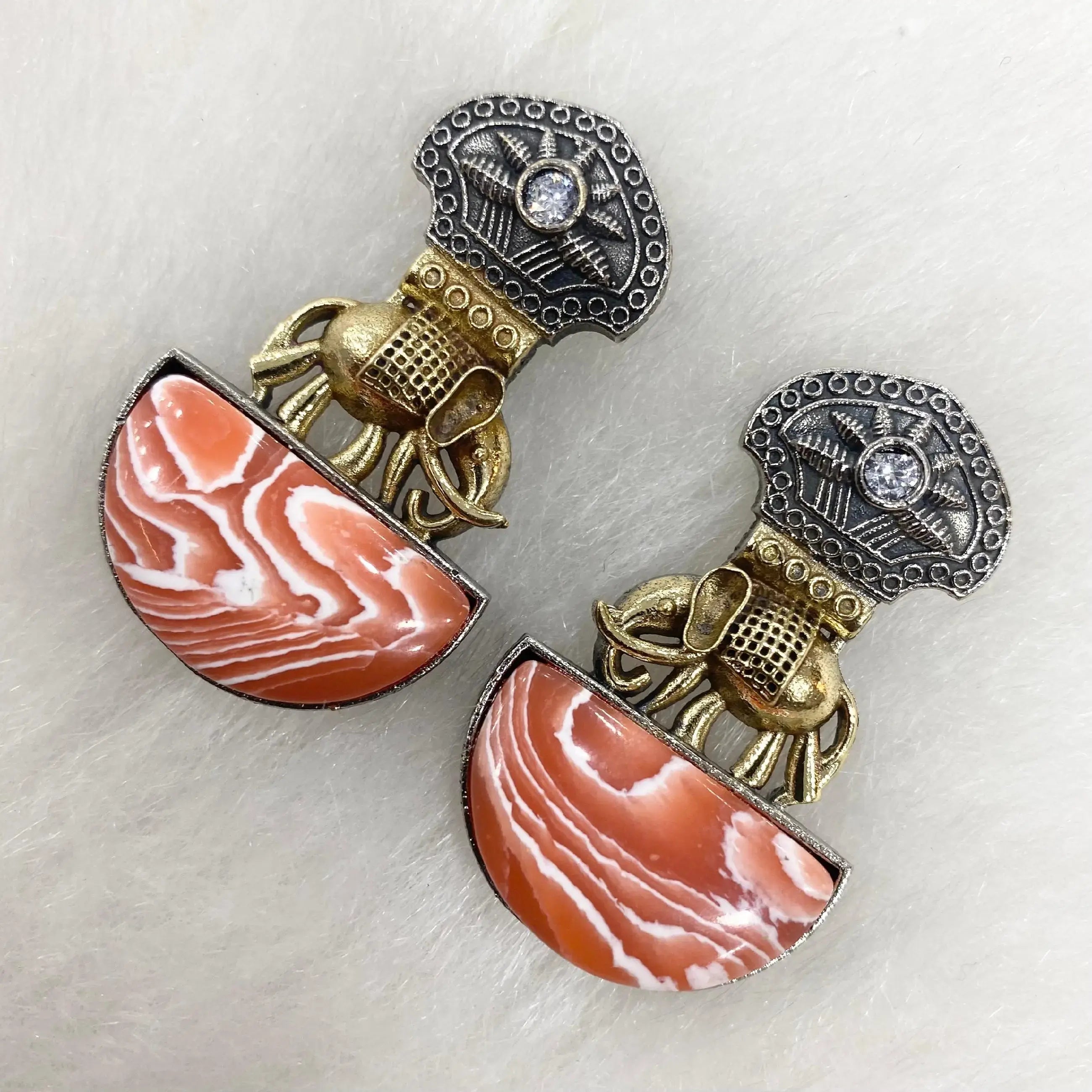 Elephant German Silver Stone Earrings - Orange White