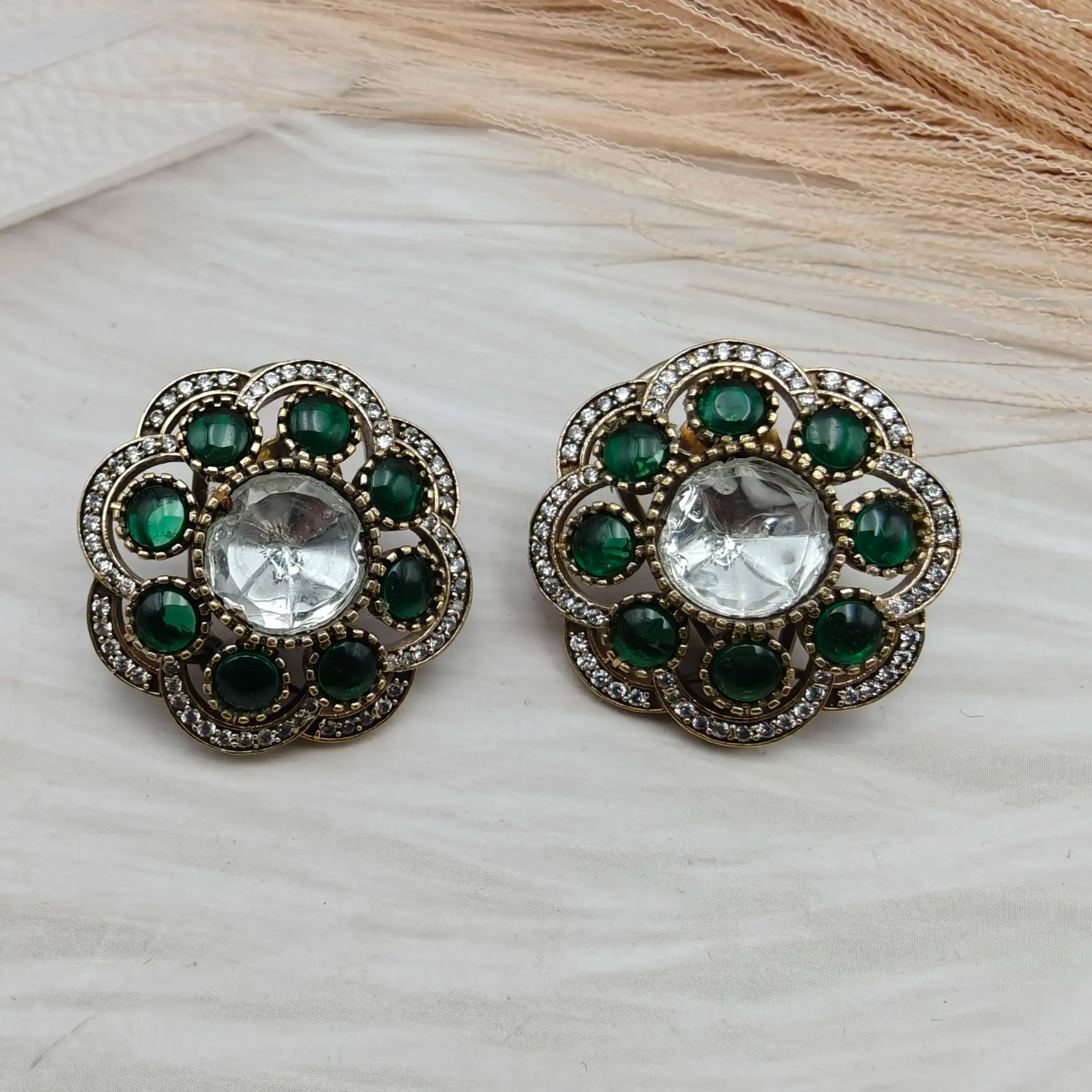 Niharika Uncut Polki Pota Stone Studs-Green