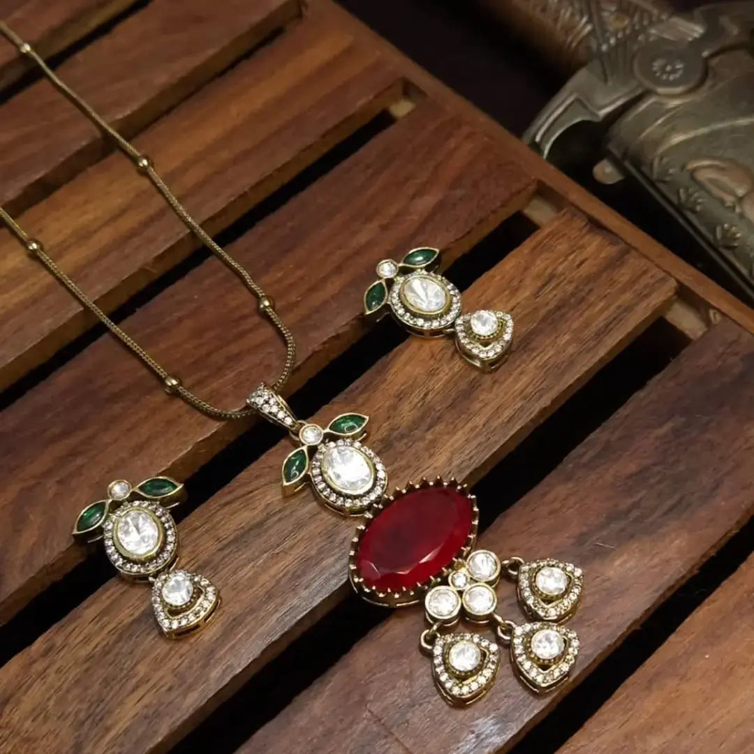Sargun Doublet and Uncut Moissanite Pendant Set - Red