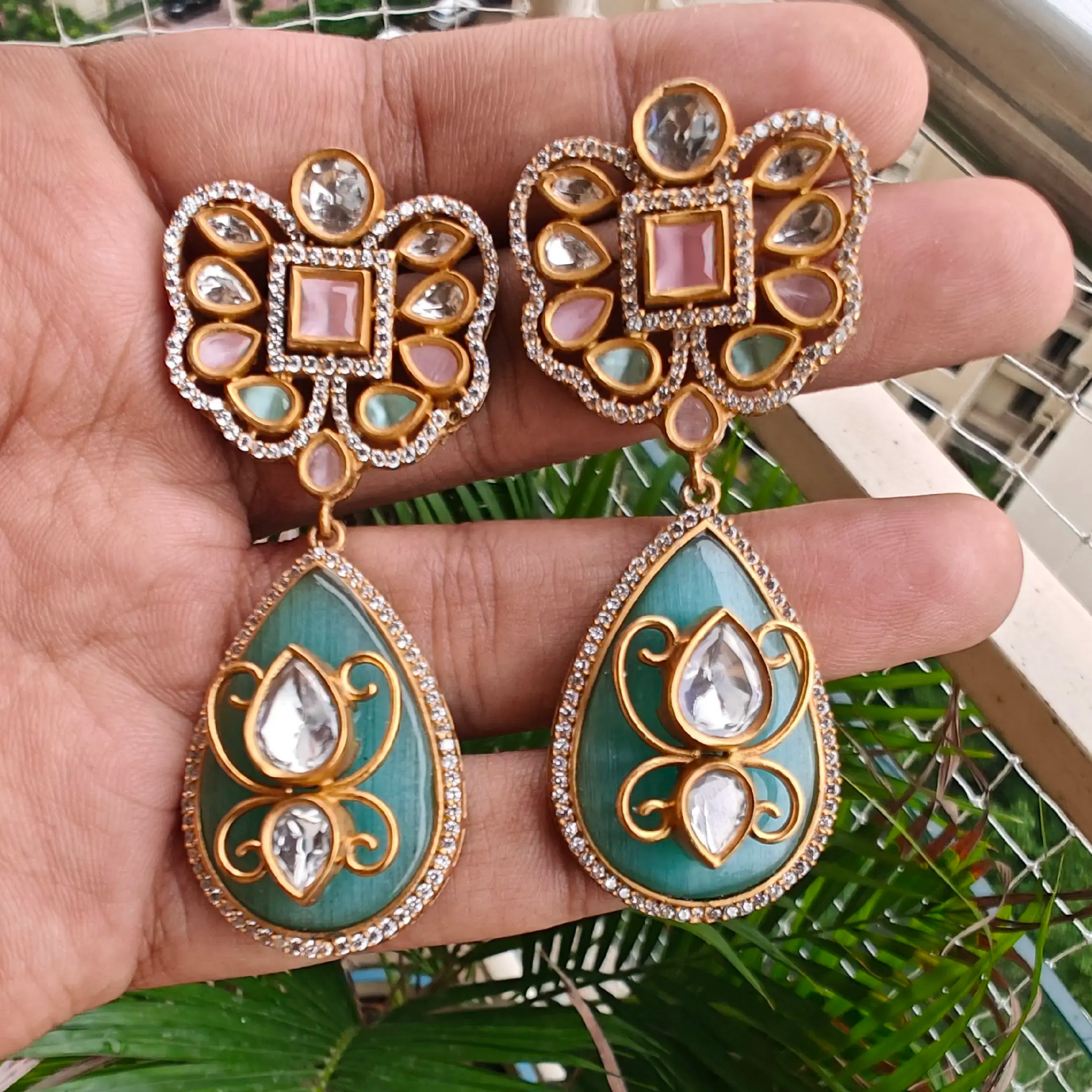 Kasak Uncut Polki Statement Earrings - Mint And Pink