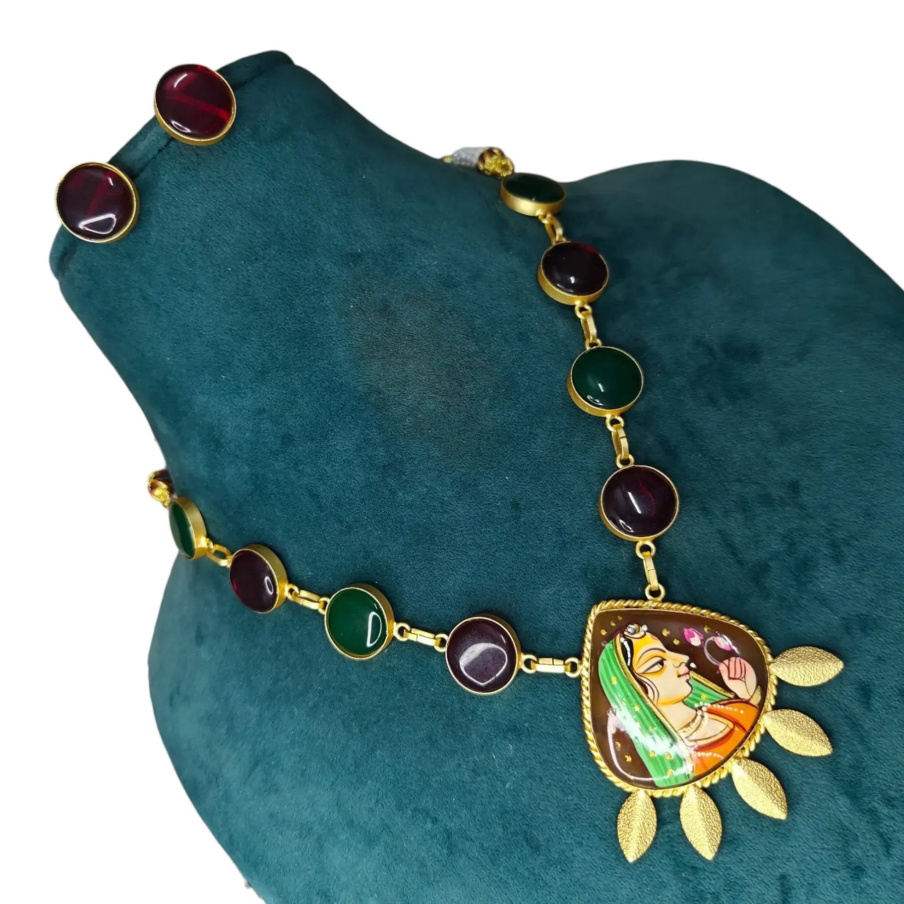 Revati Tanjore Monalisa Necklace Set- Maroon N Green