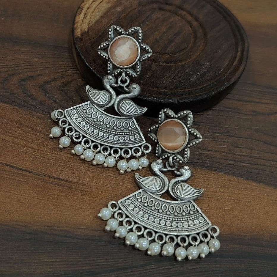Gehna Peacock Silver Replica Earrings- Peach