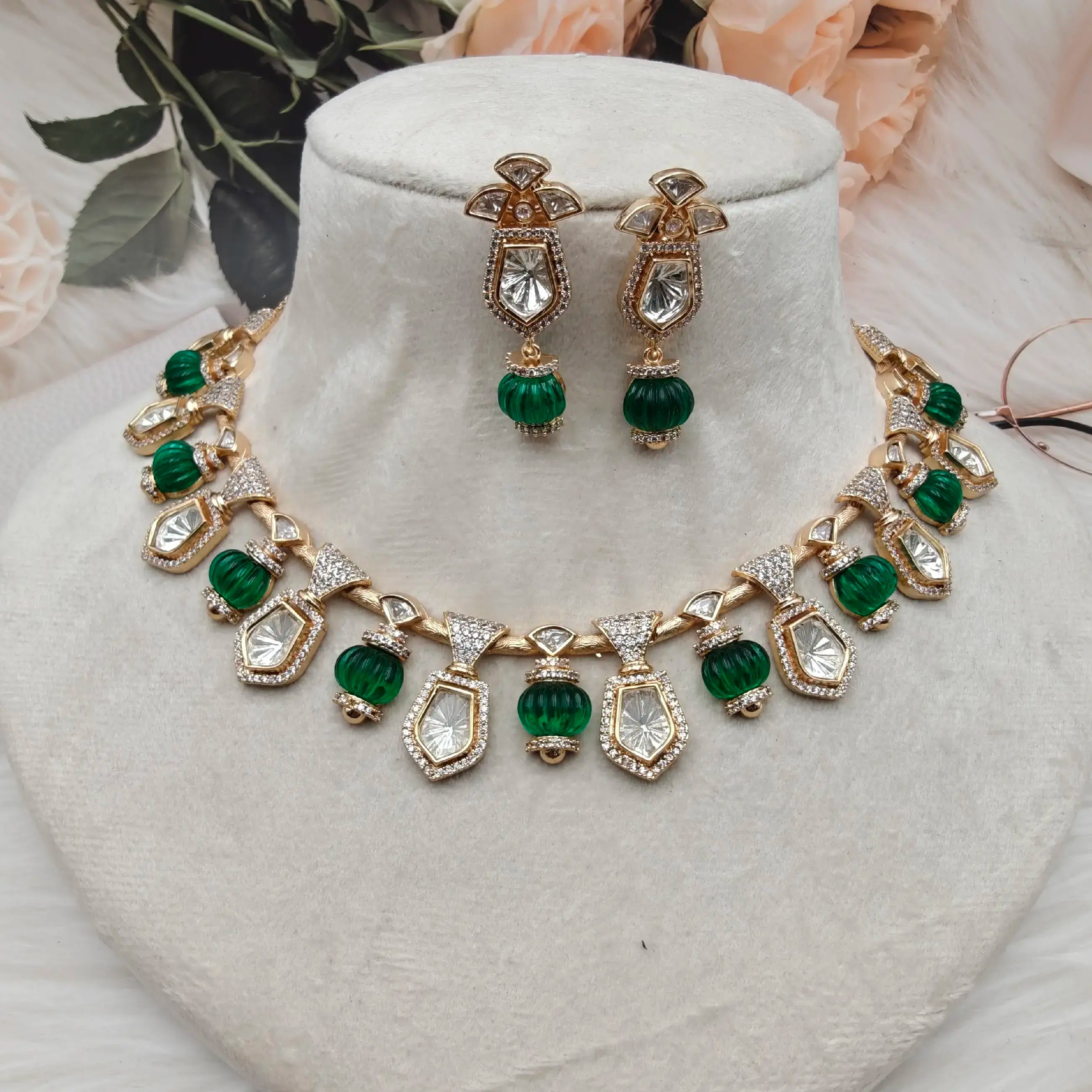 Shirsha Sunheri Moissanite Kundan Necklace Set - Green