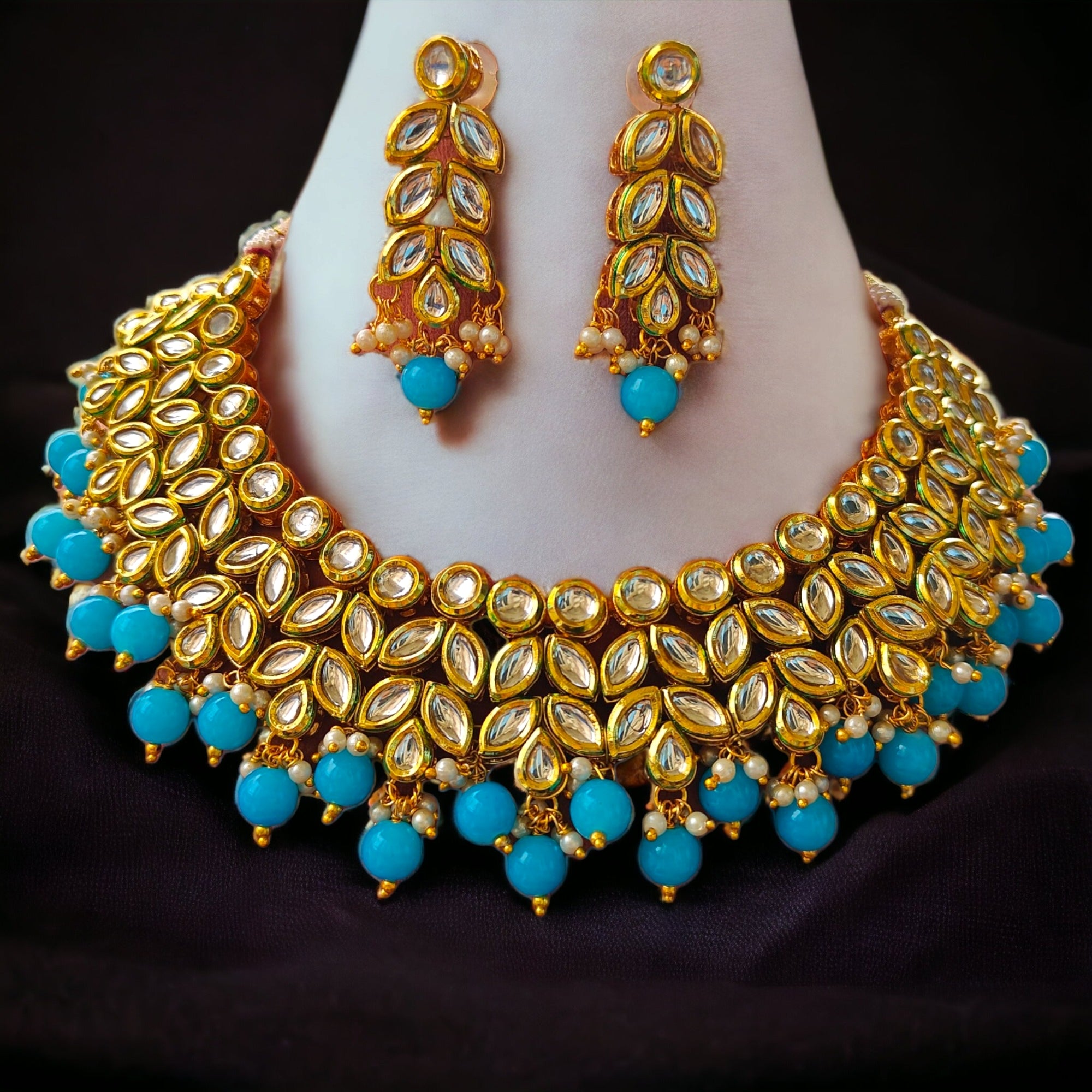 Kahi Kundan Necklace Set- Sky Blue