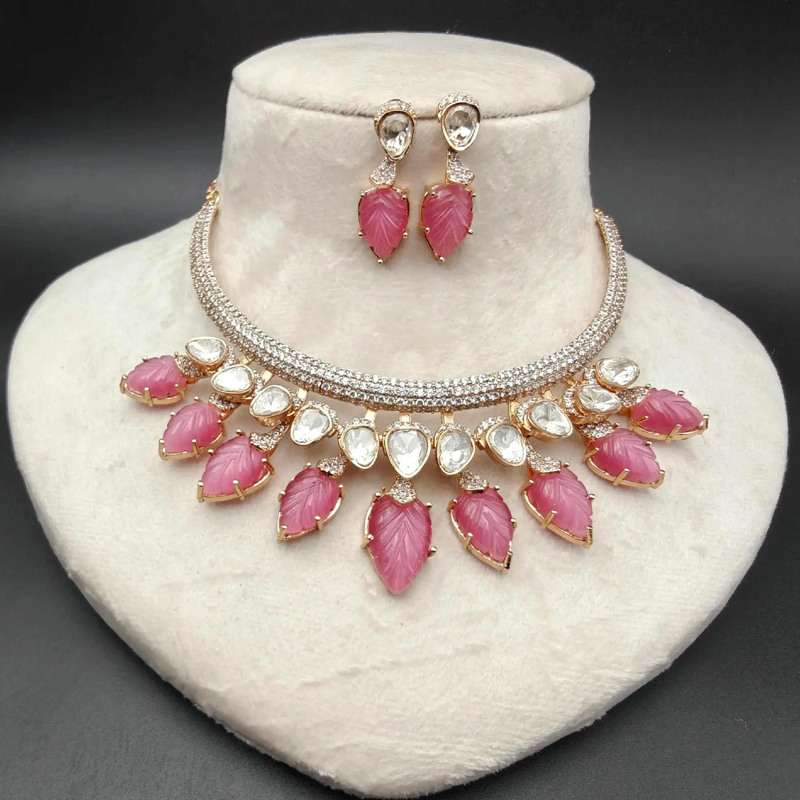 Khushi Moissanite Carved Onyx Stones Necklace Set- Pink