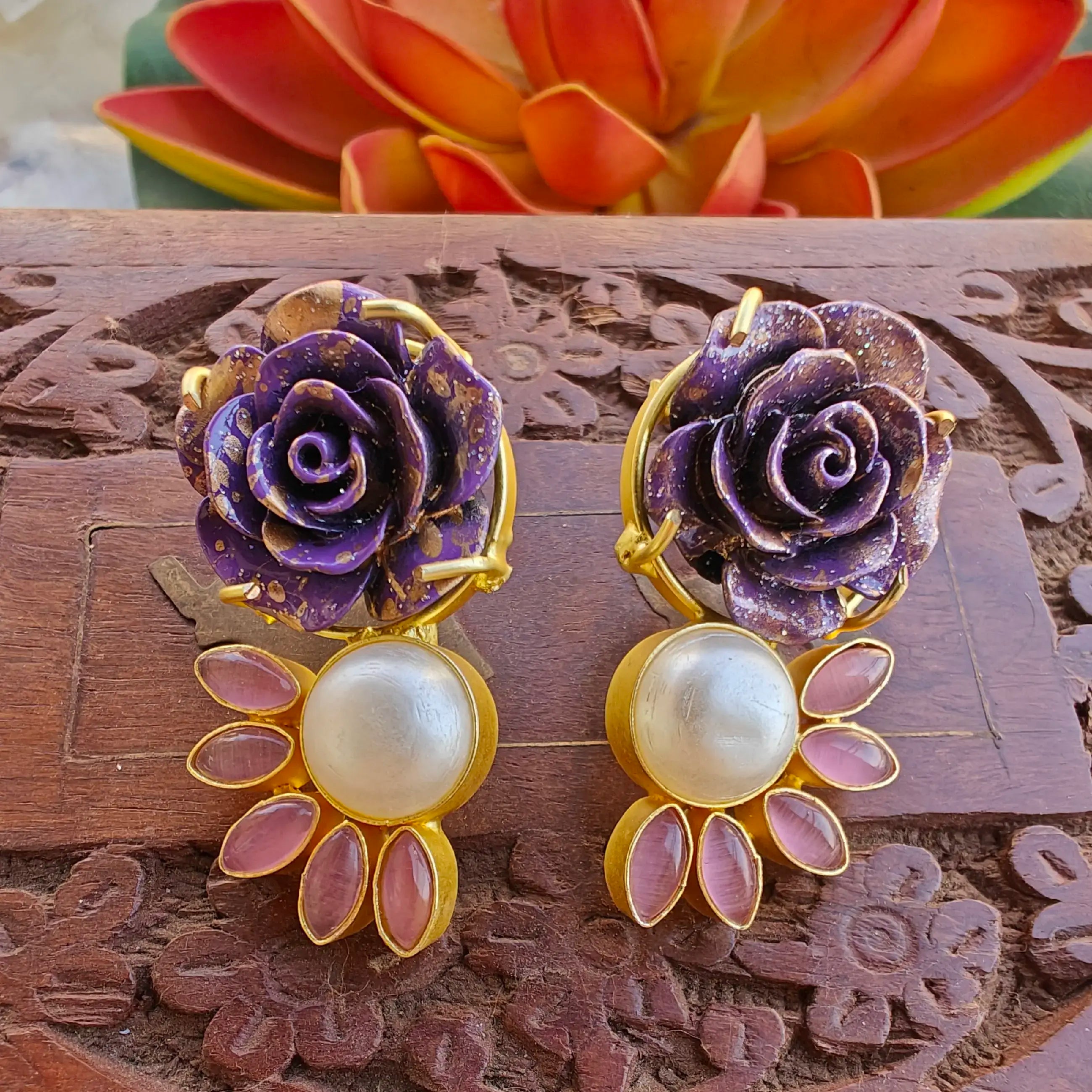 Sejal Shell Pearl And Enamel Rose Statement Earrings- Purple