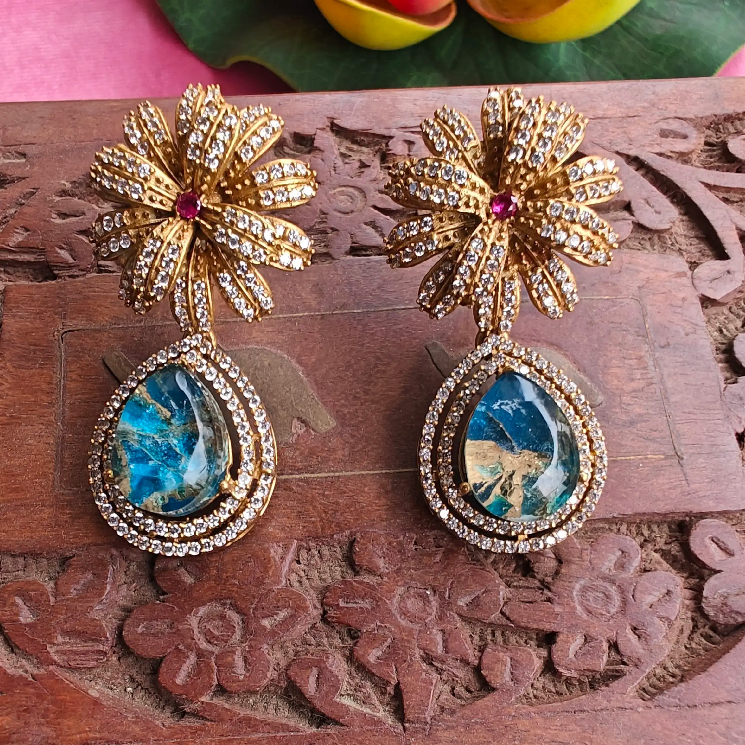 Palm Tree Tourmaline Doublet Earrings- Teal Blue