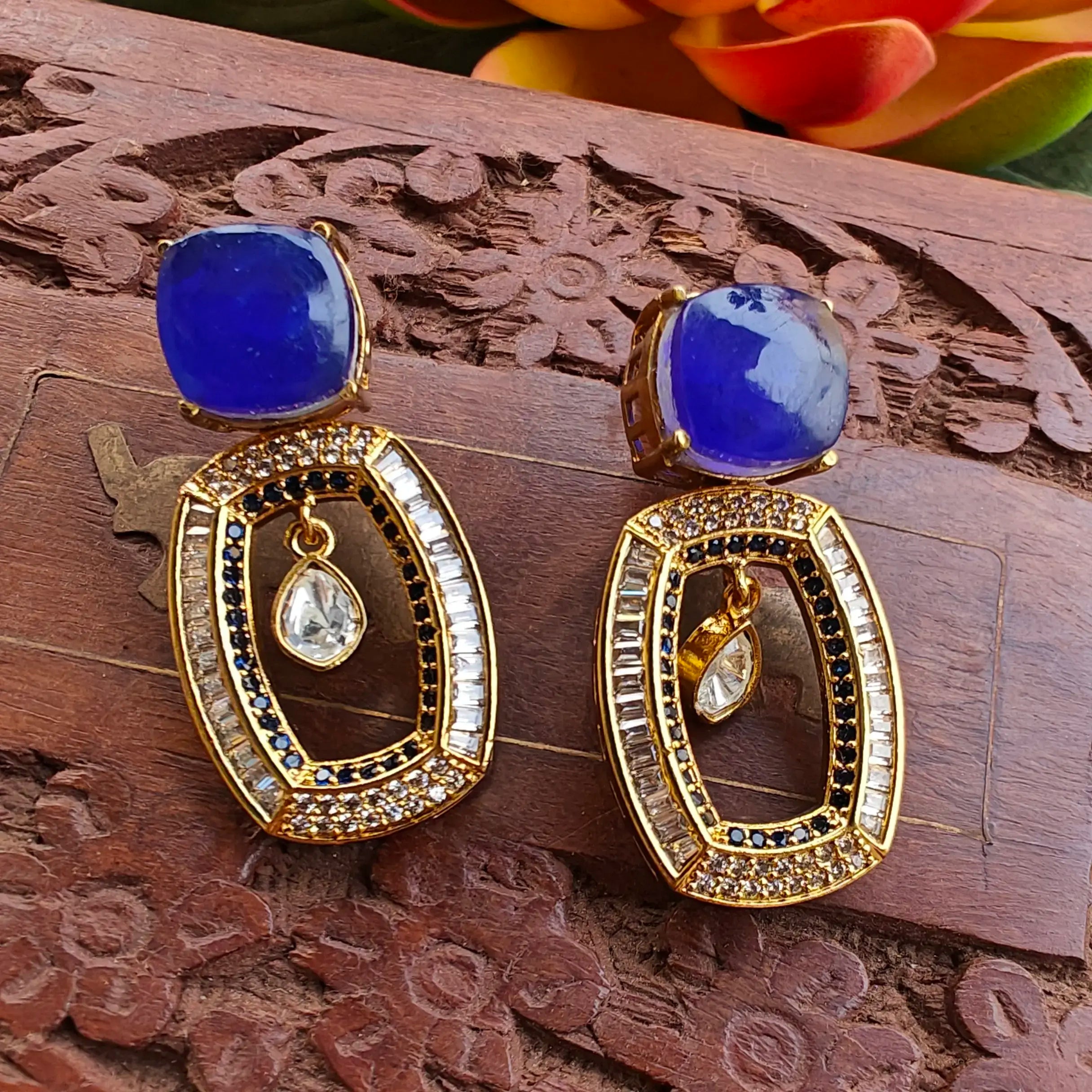 Rahat Doublet Baguette AD Statement Earrings - Blue