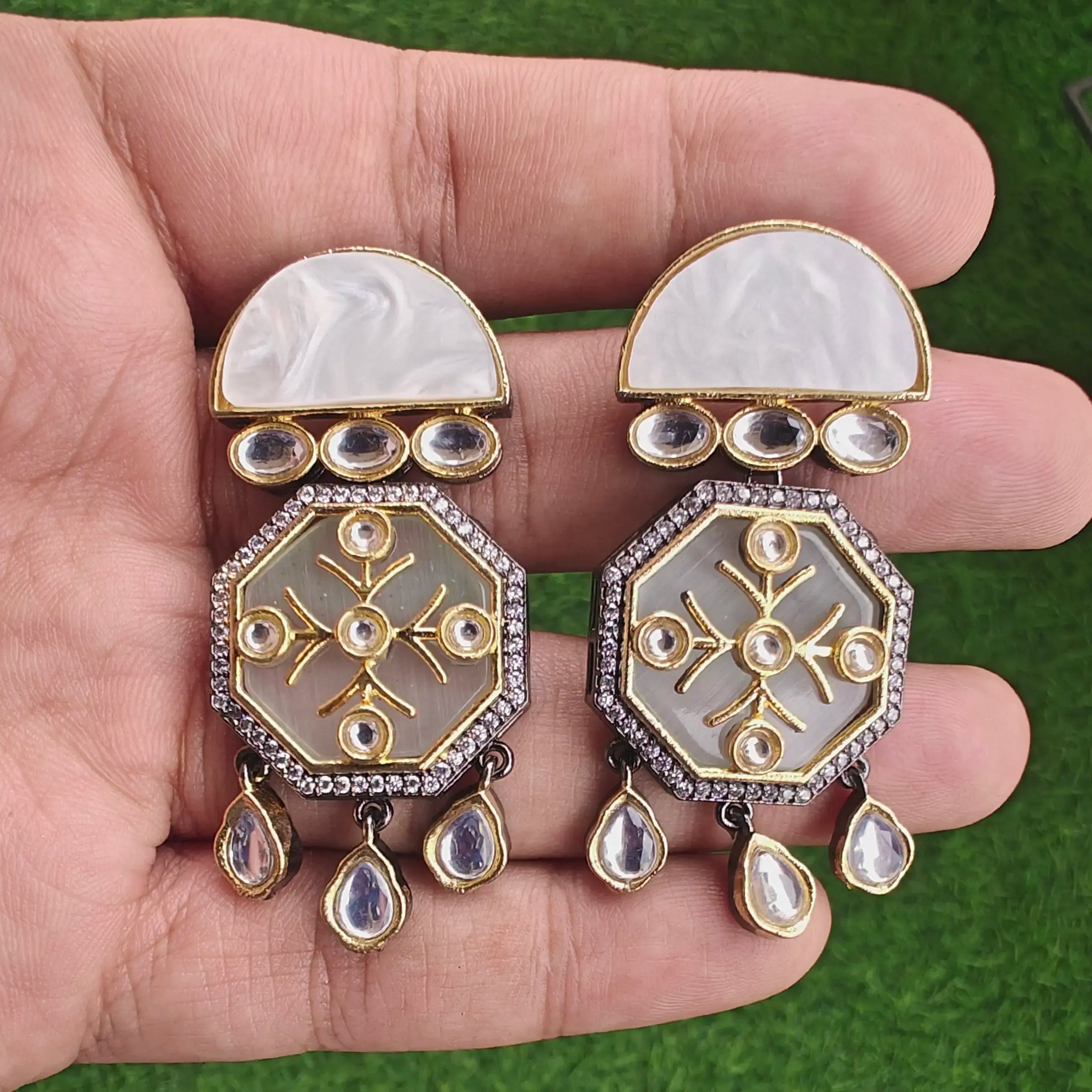 Shell Stone Fusion Saima Earrings- White