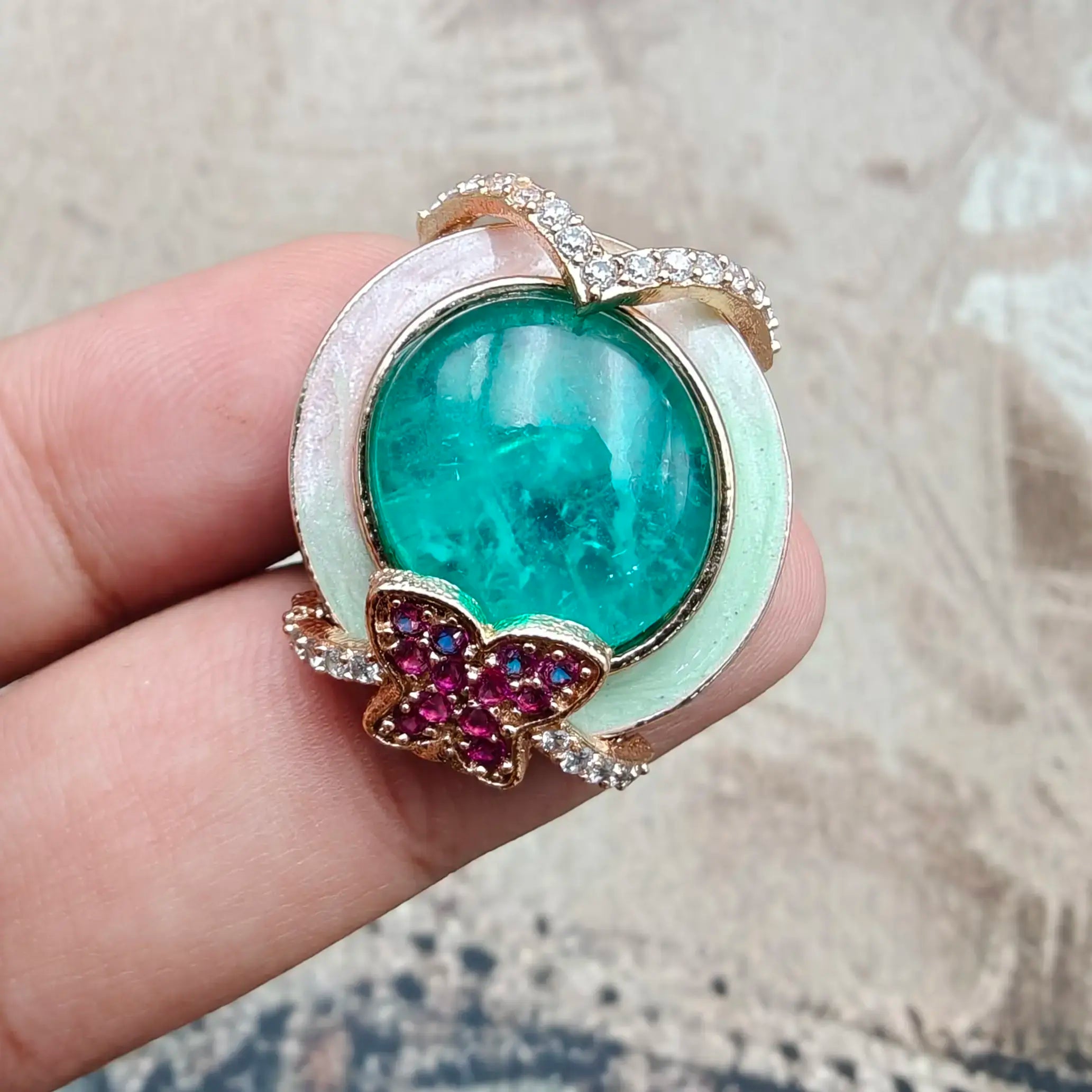Butterfly Italian Enamel Russian Doublets Ring - Russian Emerald (Mint)