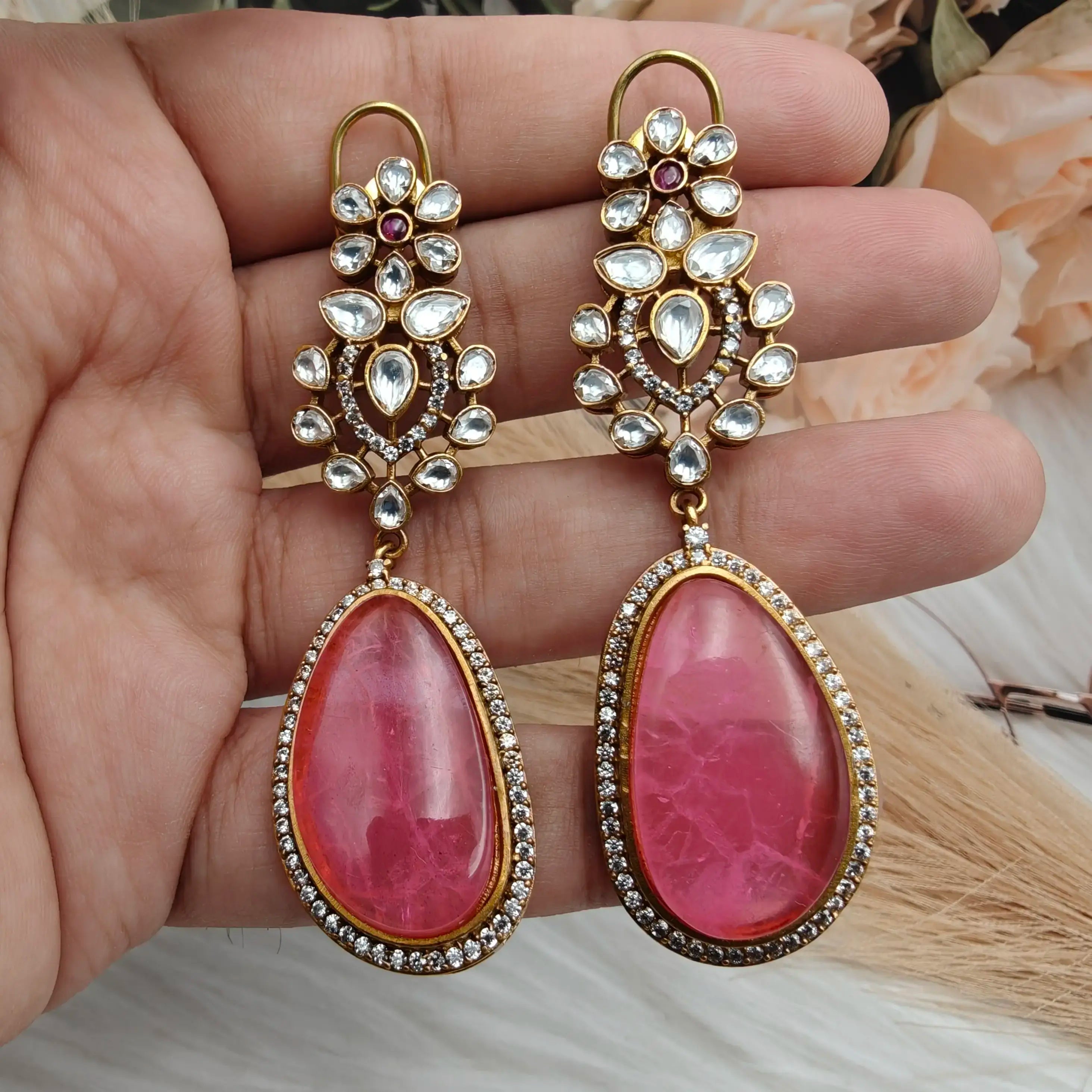 Atreyi Uncut Polki and Doublet Earrings - Pink