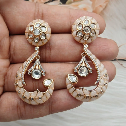 Aabroo Sunheri Kundan Earrings - White