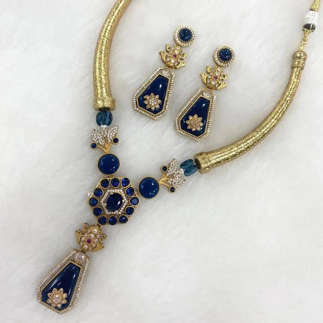 Sabyasachi Inspired Animal Ball Hasli Necklace Set - Blue