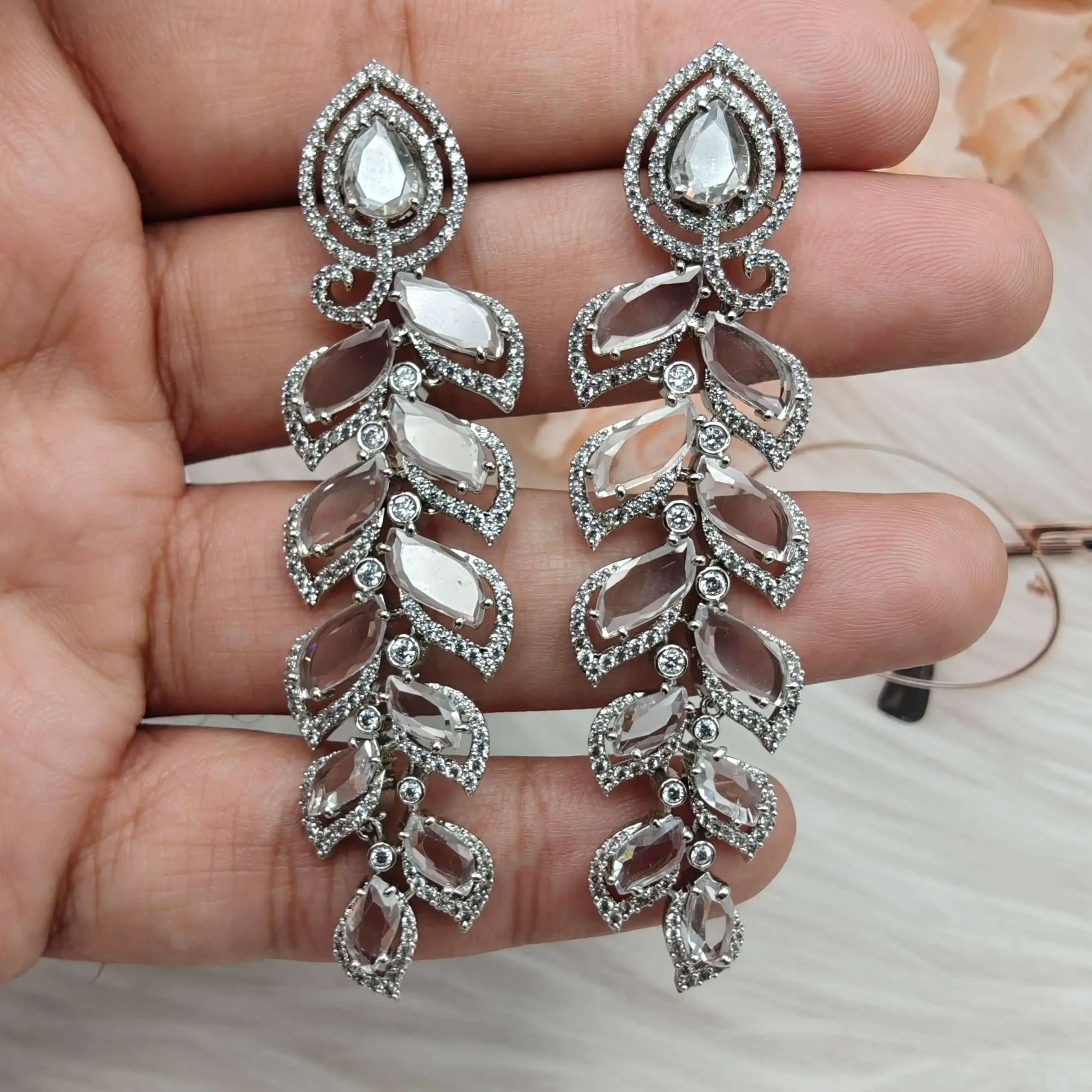 Noor Leaflet Earrings - Silver Finish