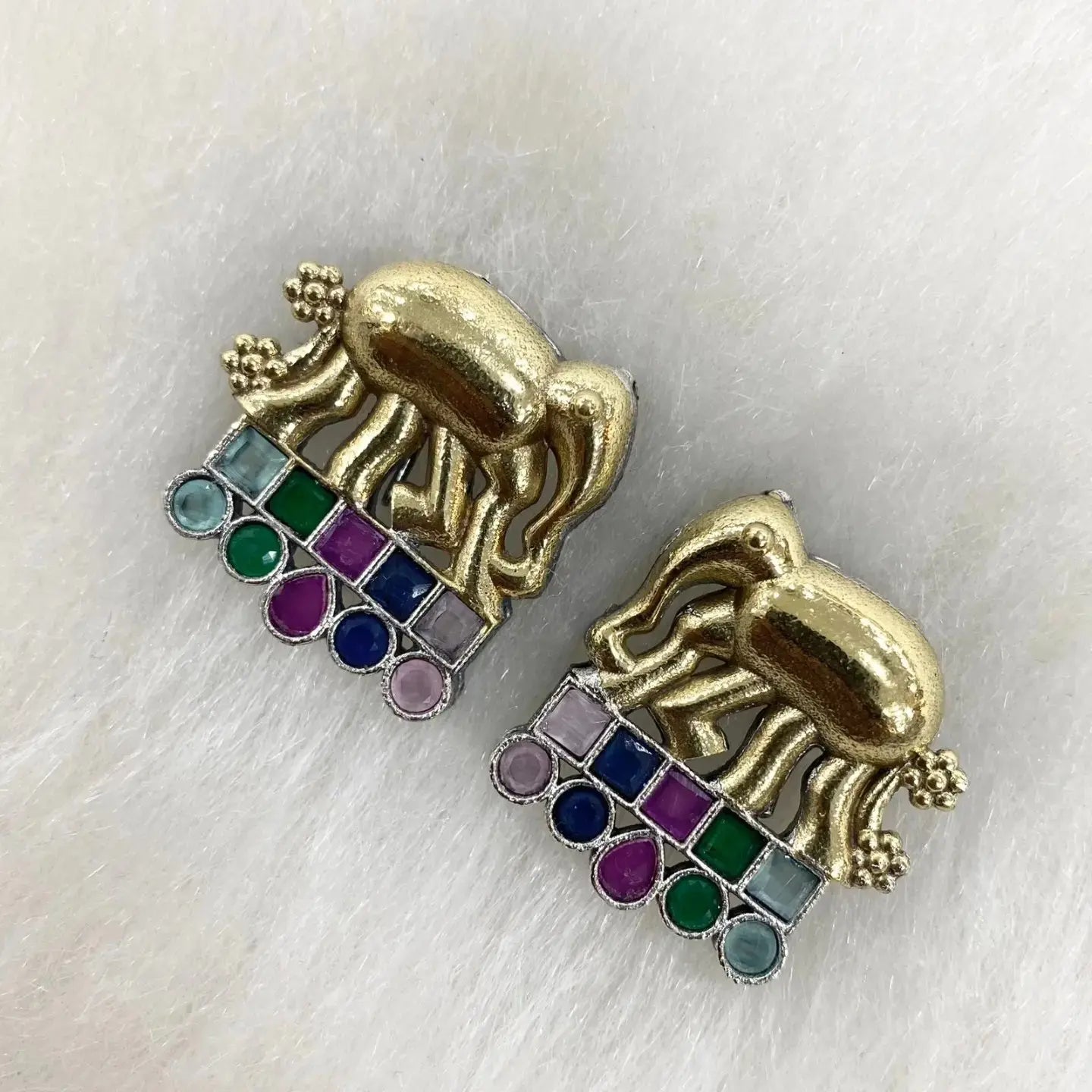 Dual Tone German À Elephant Earrings - Multi