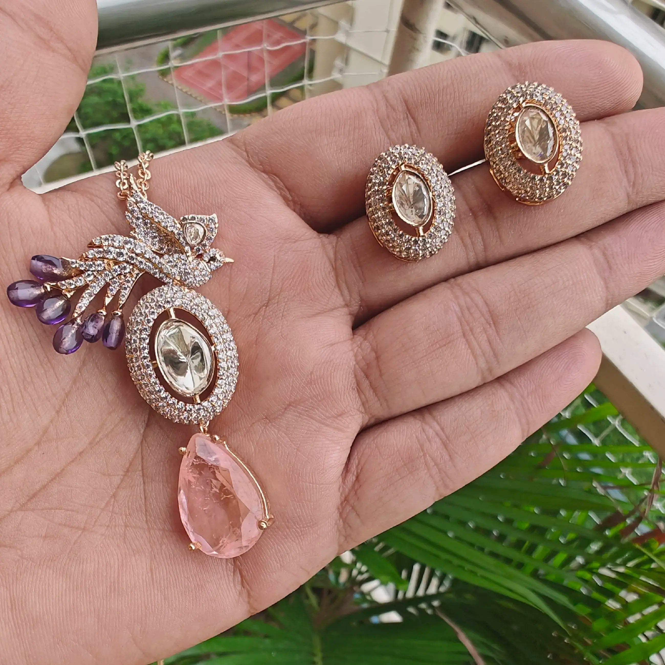 Jhalak Moissanite And Doublet Premium Pendant Set- Pink Peach And Purple