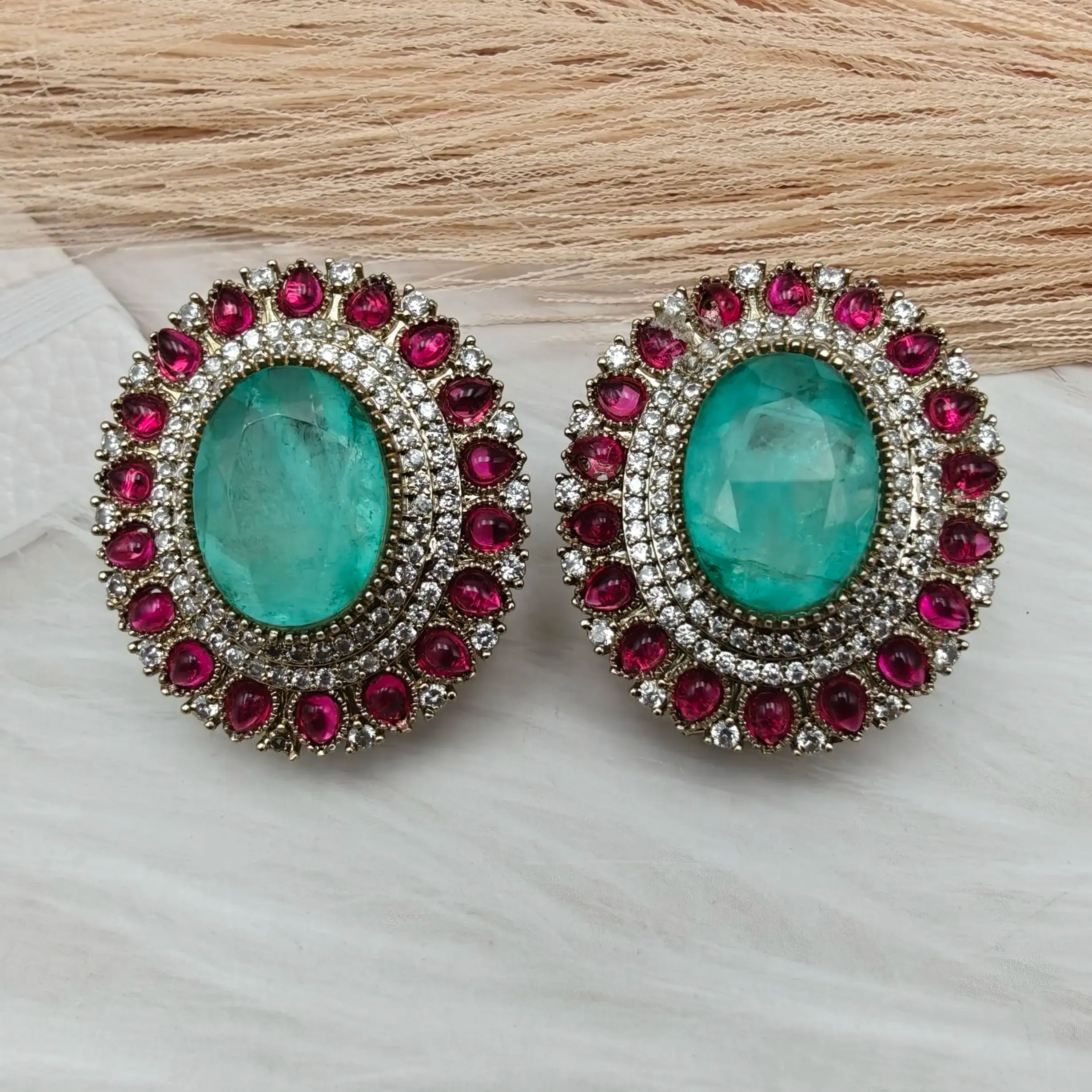 Naveli Premium Doublet Statement Studs- Mint n Ruby
