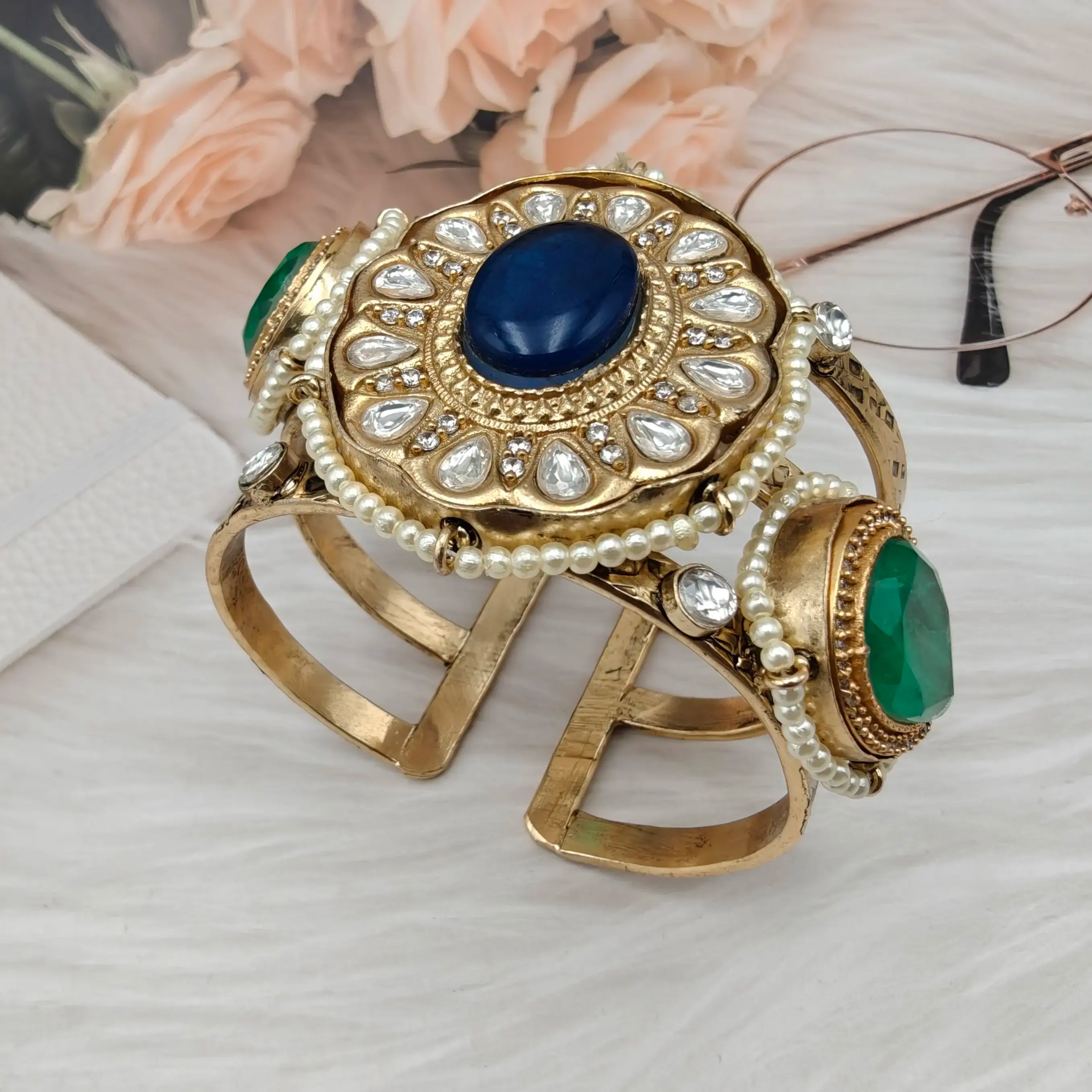 Zara Handcrafted Doublet Brass Fusion Handcuff- Green n Blue