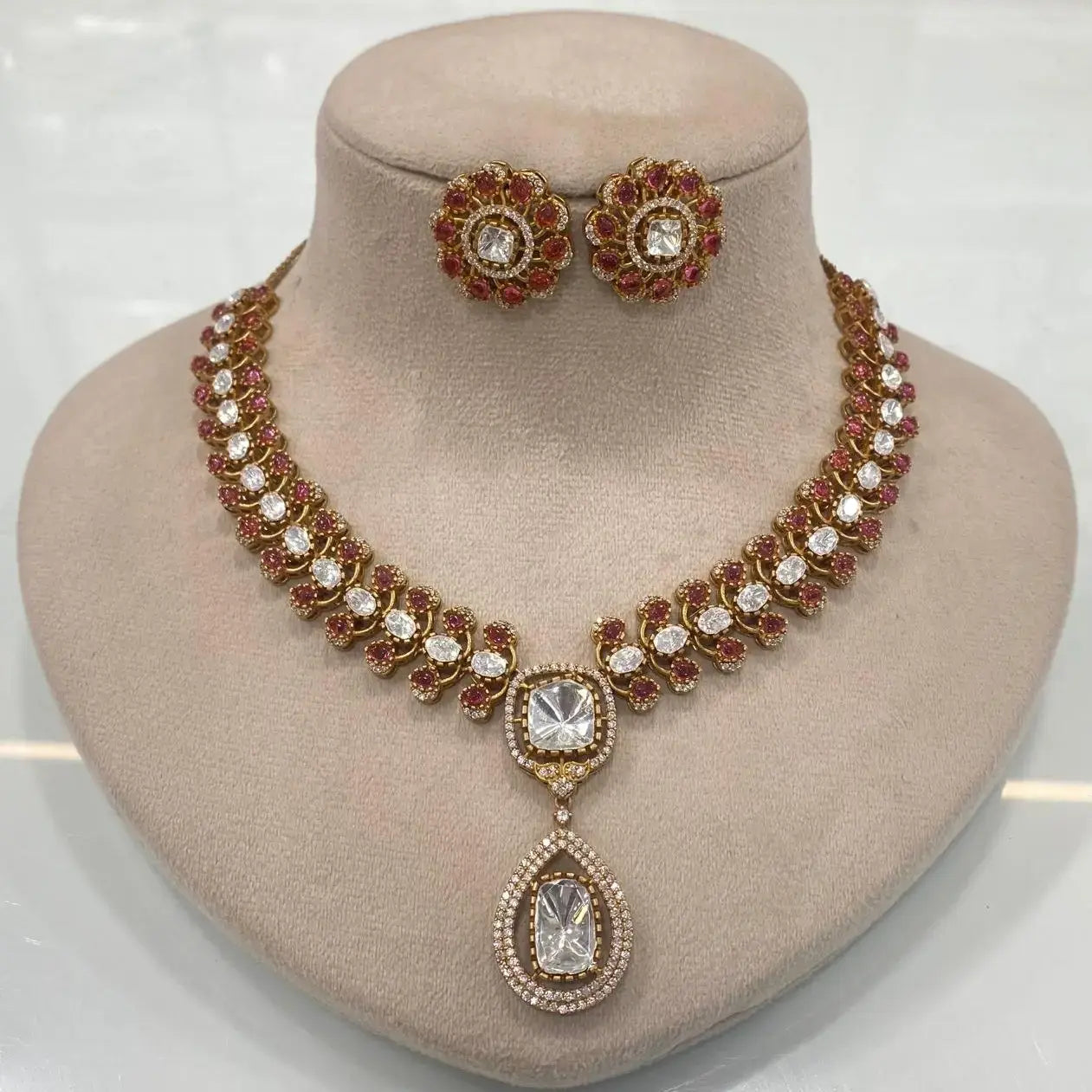 Masaba Uncut Moissanite Polki Necklace Set - Ruby