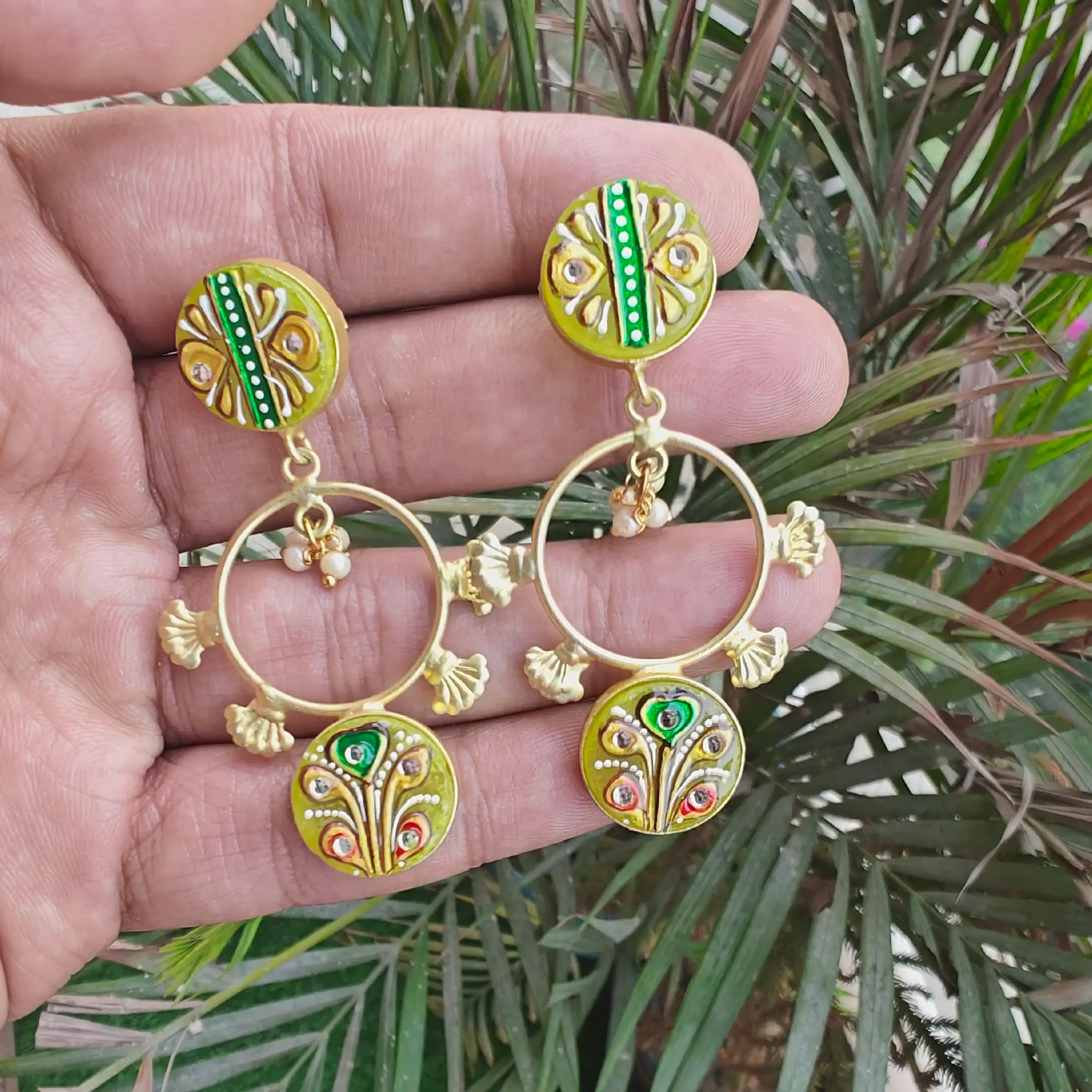 Tanjore Druzy Earrings- Yellow