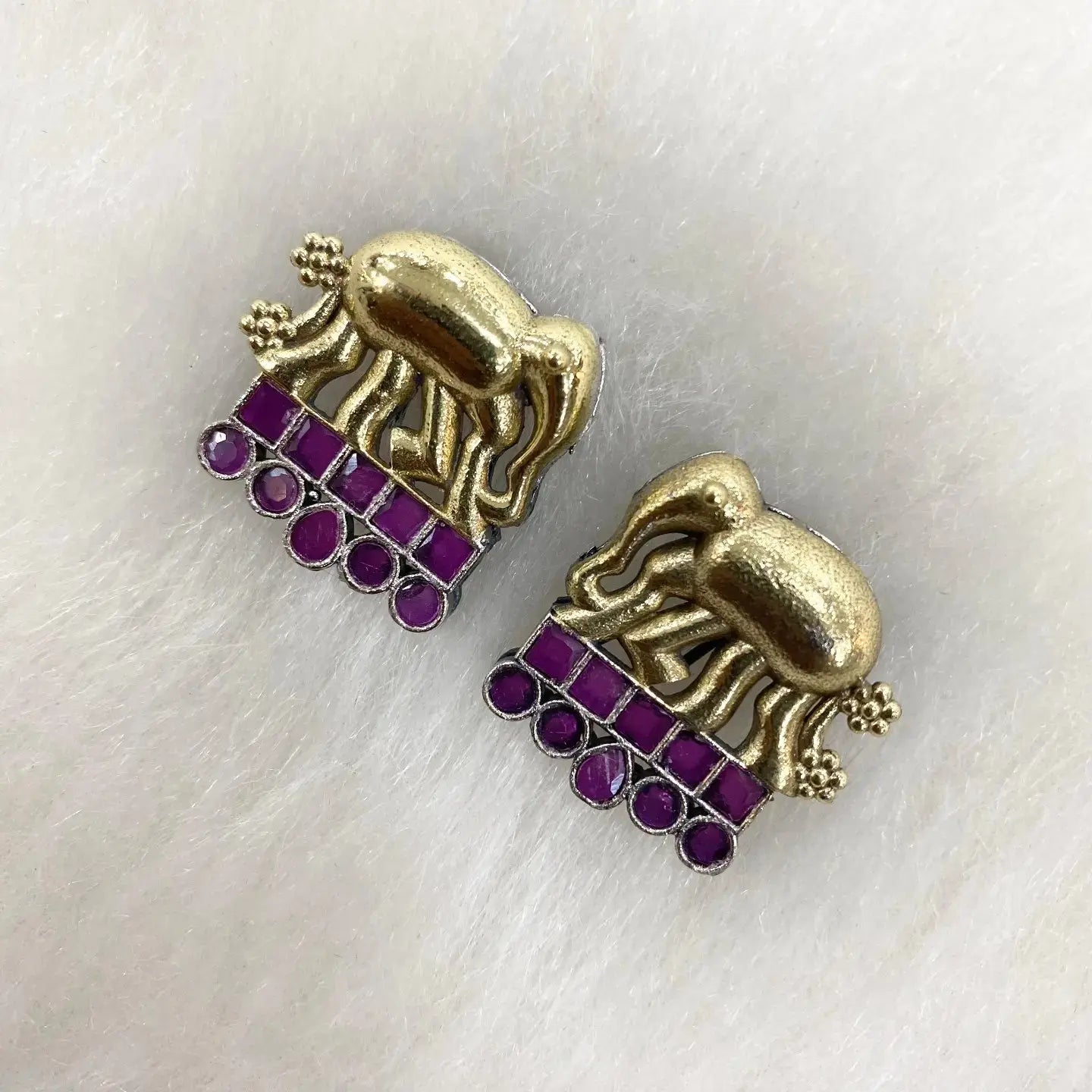 Dual Tone German Silver Elephant Earringa- Dark Pink