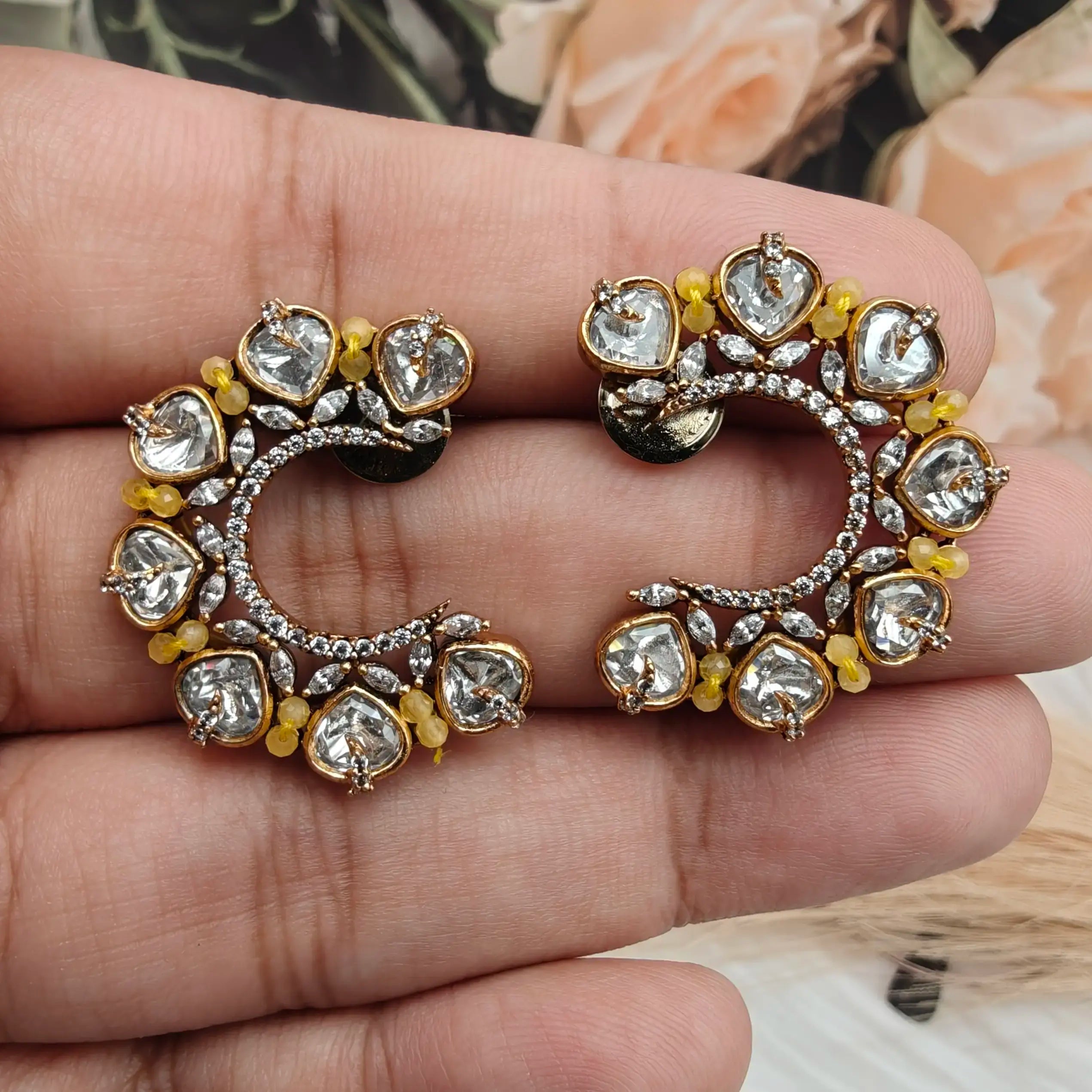 Roshani Uncut Polki with Onyx beads Half Hoops- Yellow