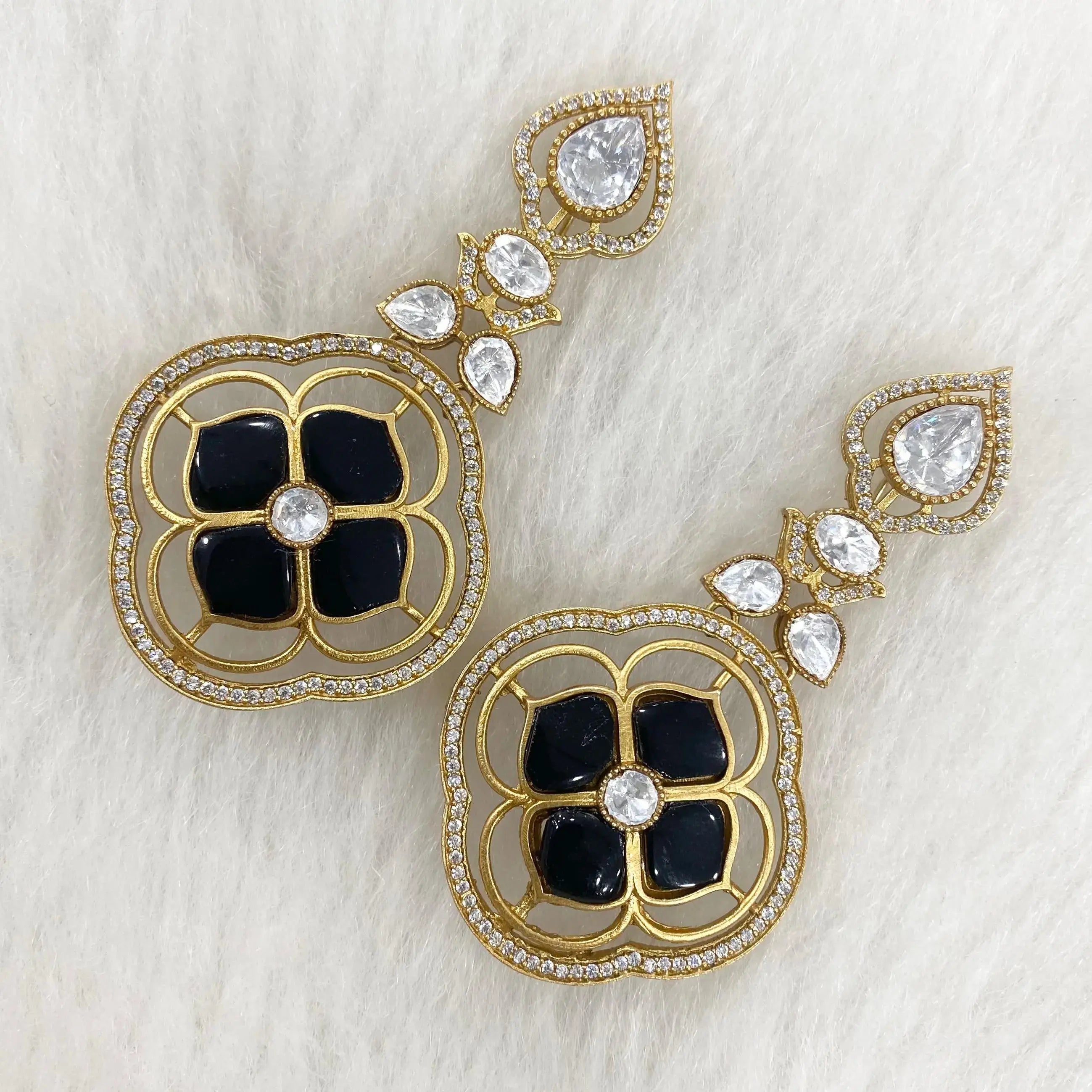 Parina Uncut Polki Takker Stone Earrings - Black