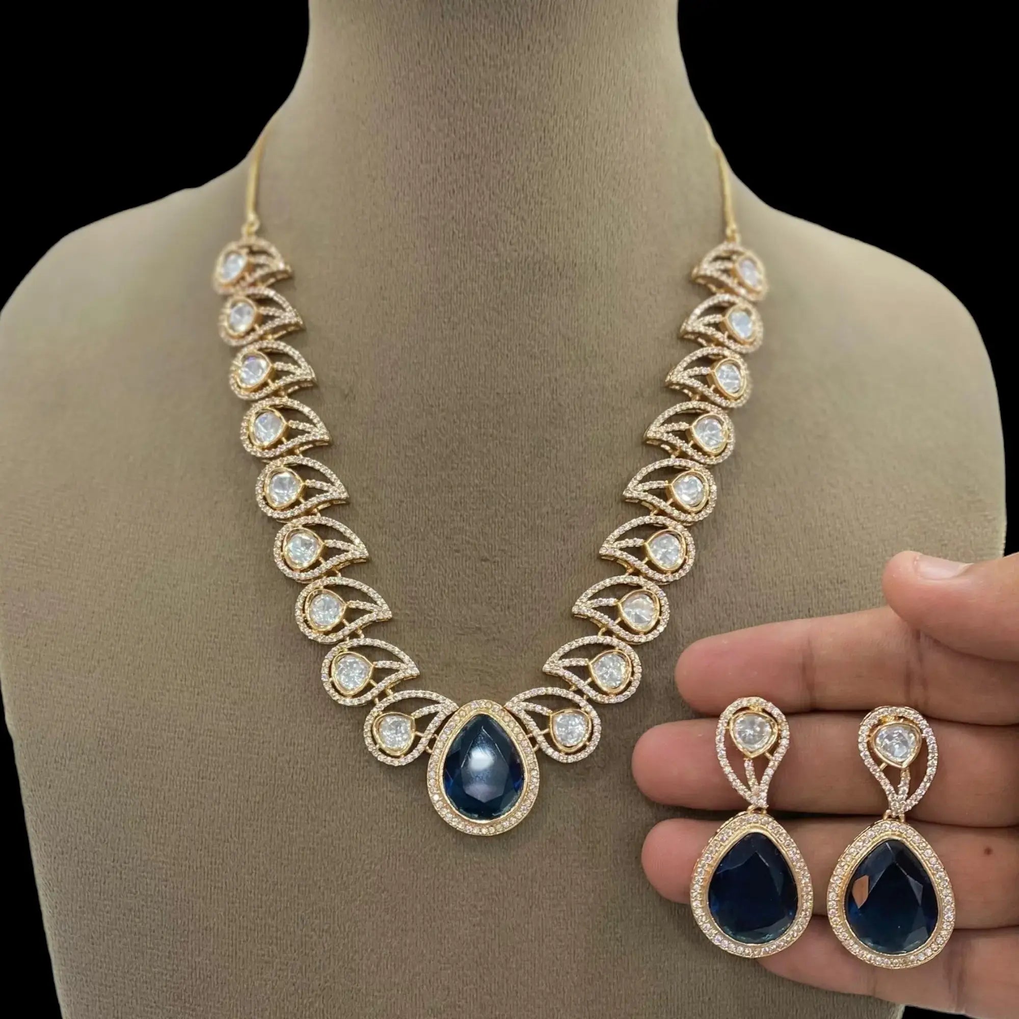Amna Moissanite Polki Necklace Set- Blue