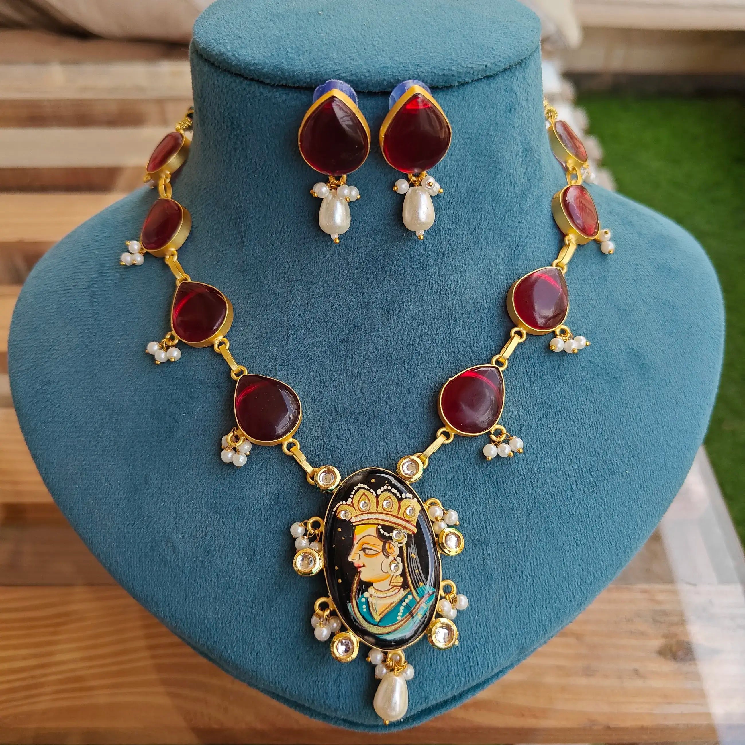 Krishna Tanjore Monalisa Mogra Moti Necklace Set- Maroon