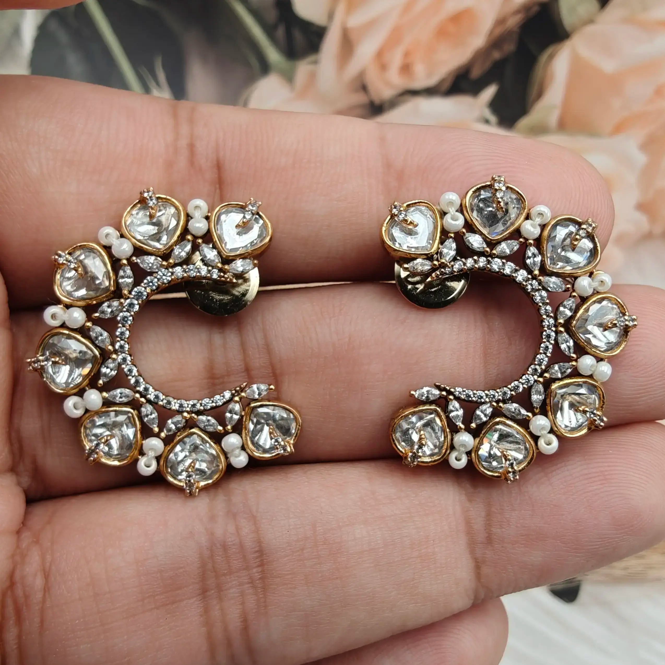 Roshani Uncut Polki & Pearl Half Hoops- White
